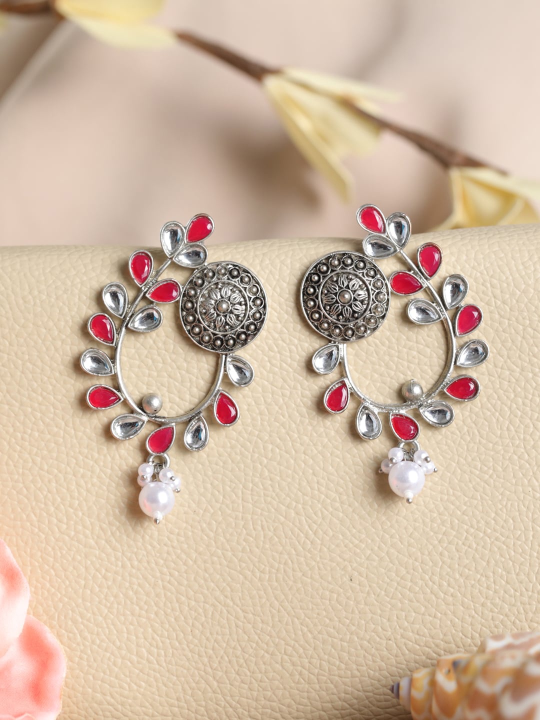 Priyaasi Contemporary Red & White Oxidised Chandbalis Earrings