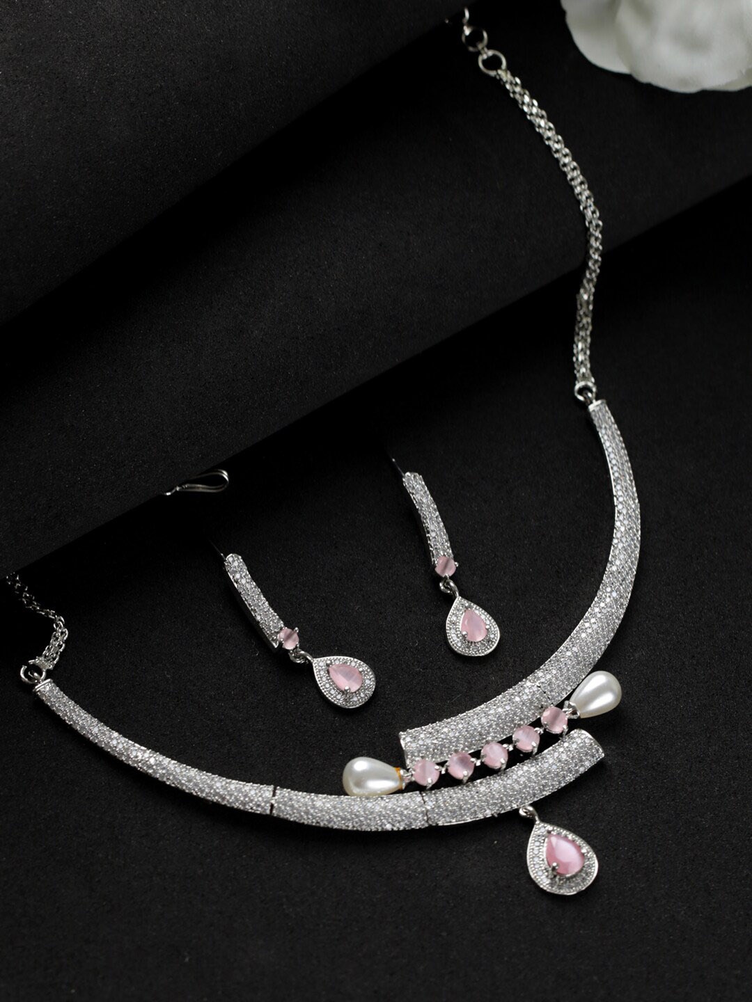 

Priyaasi Silver-Plated Pink AD-Studded Jewellery Set