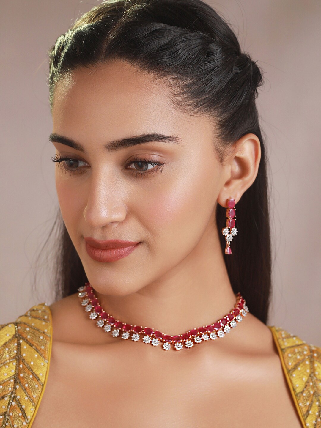 

Priyaasi Rose Gold-Plated White & Pink AD-Studded Jewellery Set