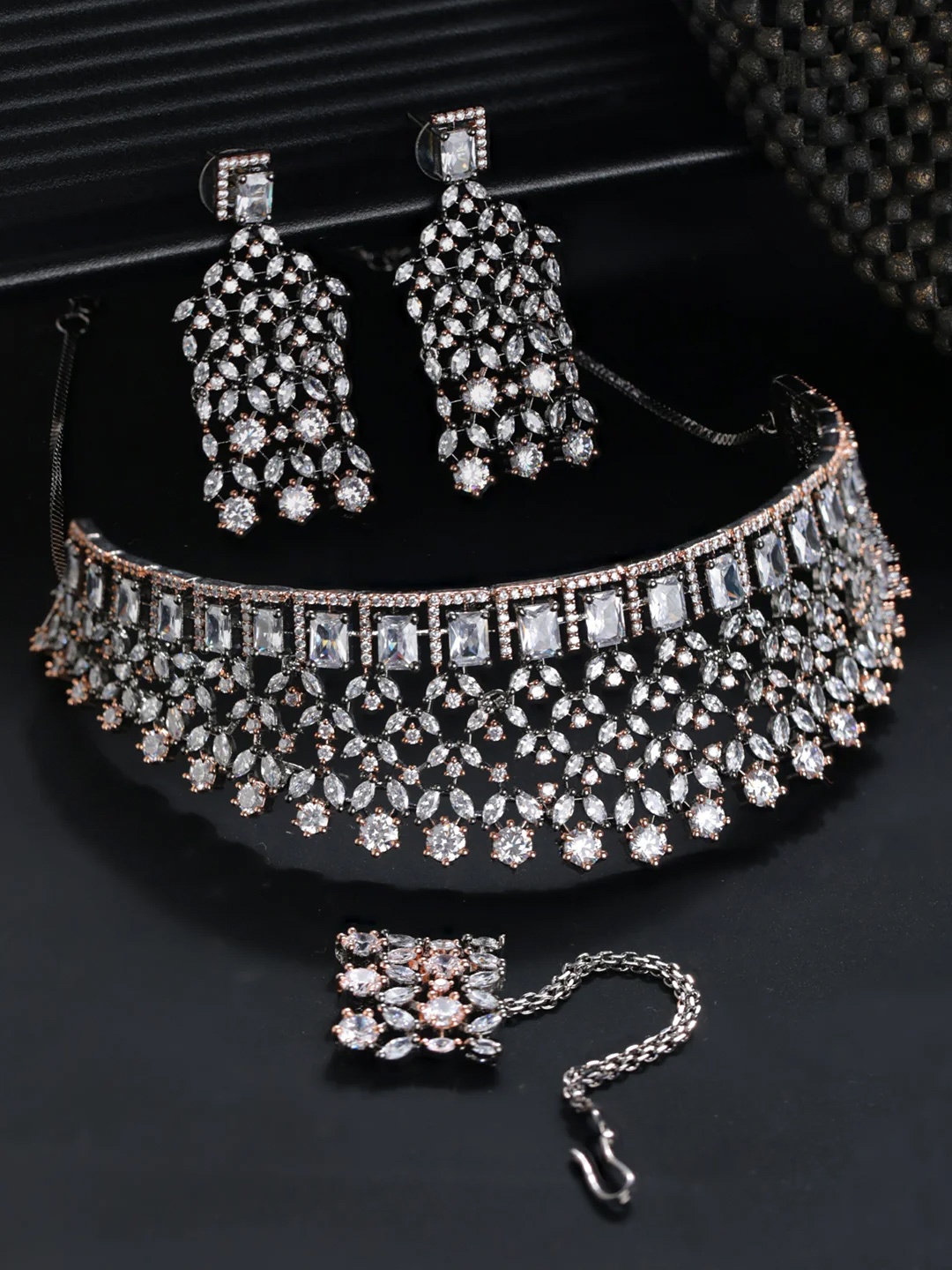 

Priyaasi Silver-Plated White AD-Studded & Beaded Jewellery Set