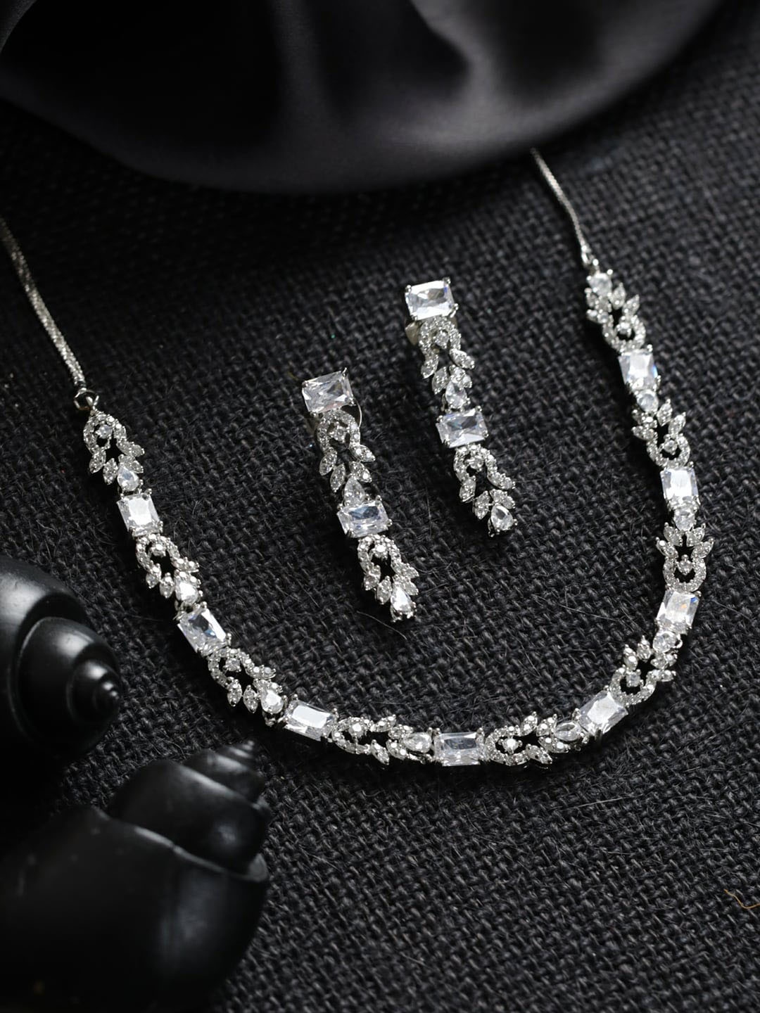 

Priyaasi Silver-Plated & White AD Stone-Studded Jewellery Set