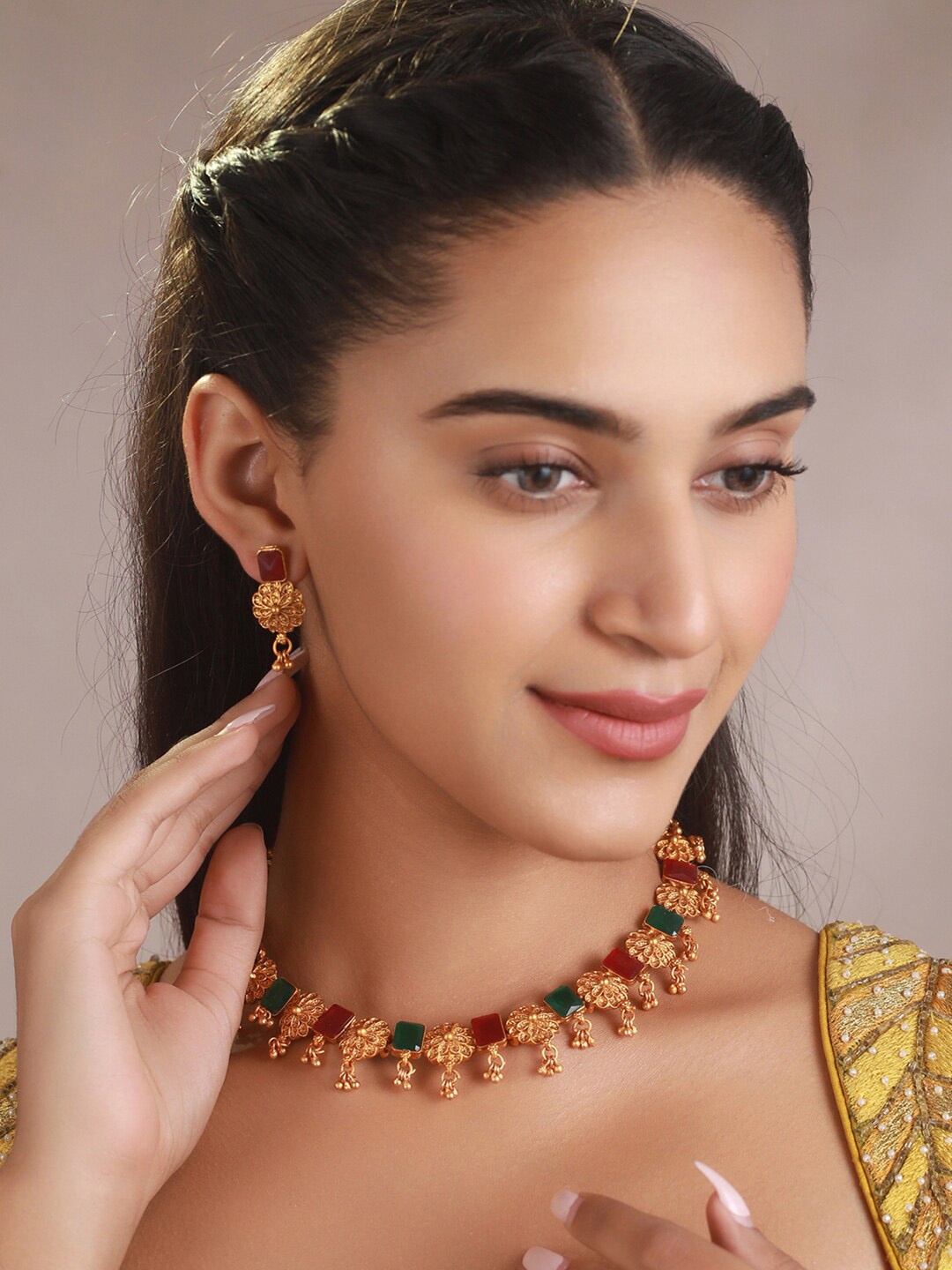 

Priyaasi Gold-Plated Red & Green Stone-Studded Floral design Jewellery Set