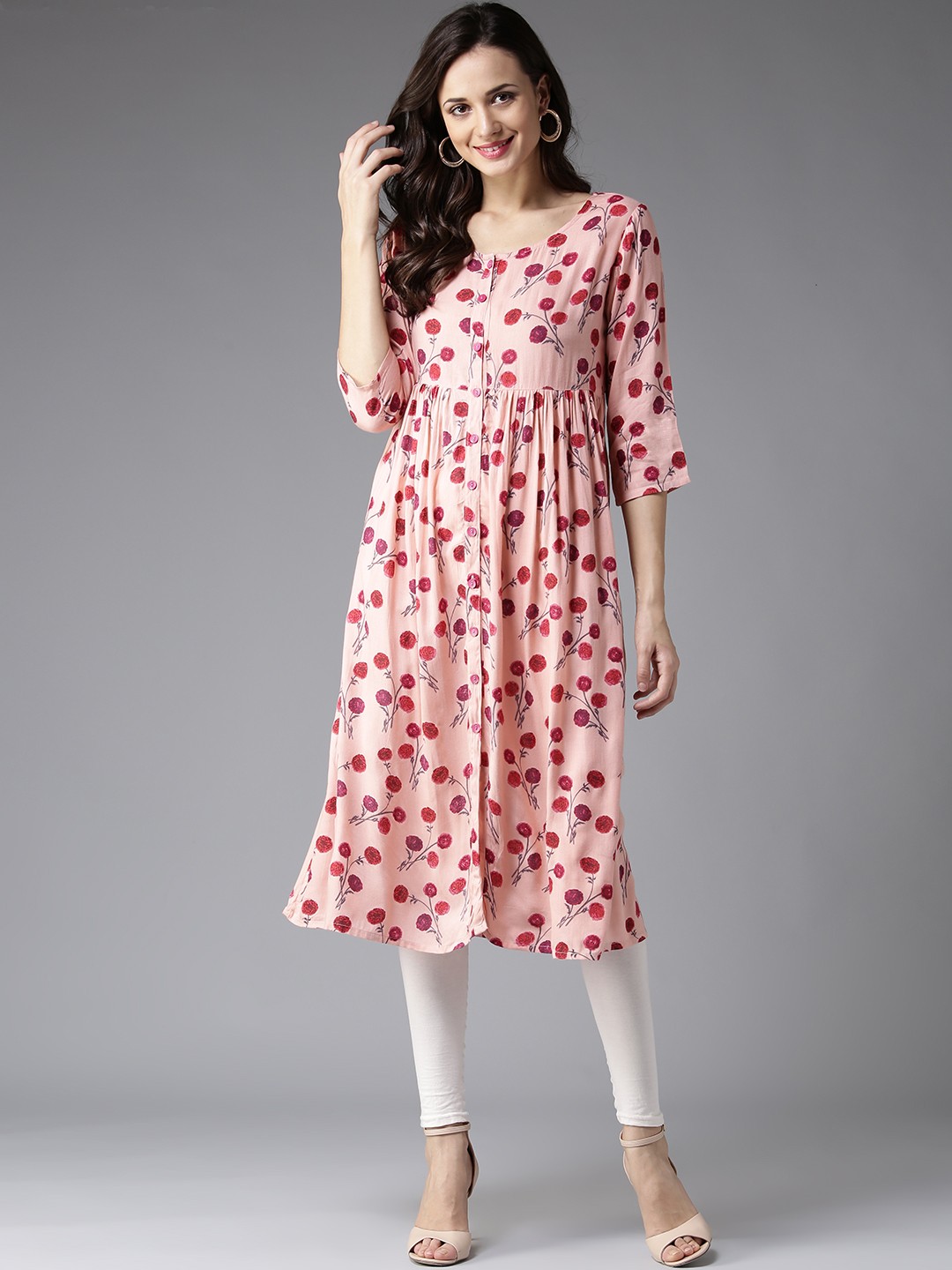 

HERE&NOW Women Peach-Coloured Floral Print A-Line Kurta