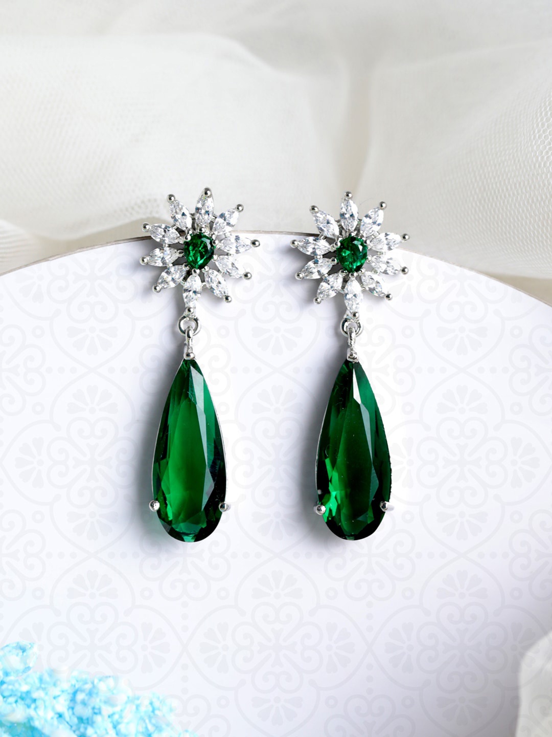 

Priyaasi Green Silver-Plated Teardrop Shaped Drop Earrings