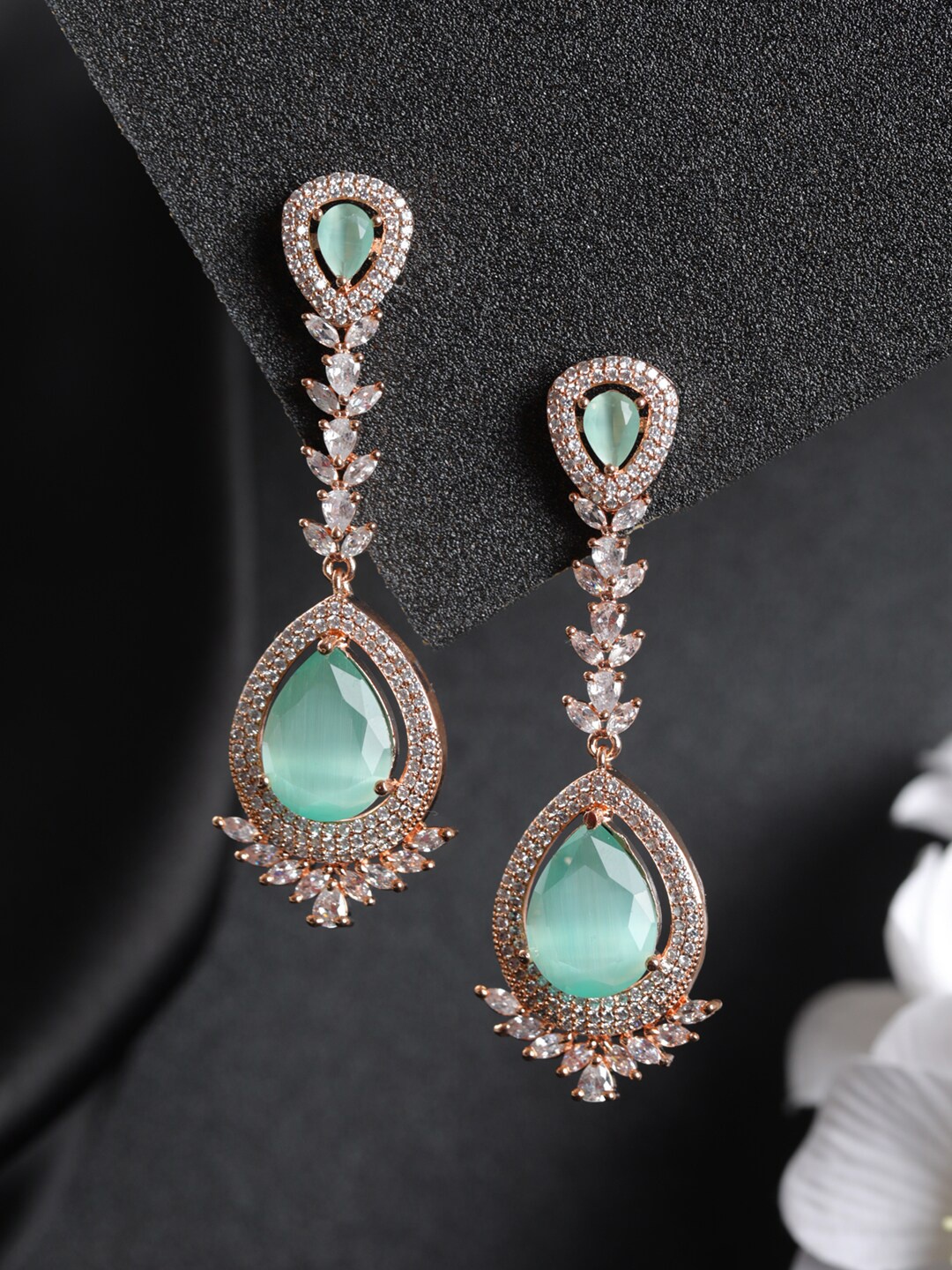 Priyaasi Sea Green Rose Gold-Plated Teardrop Shaped Drop Earrings