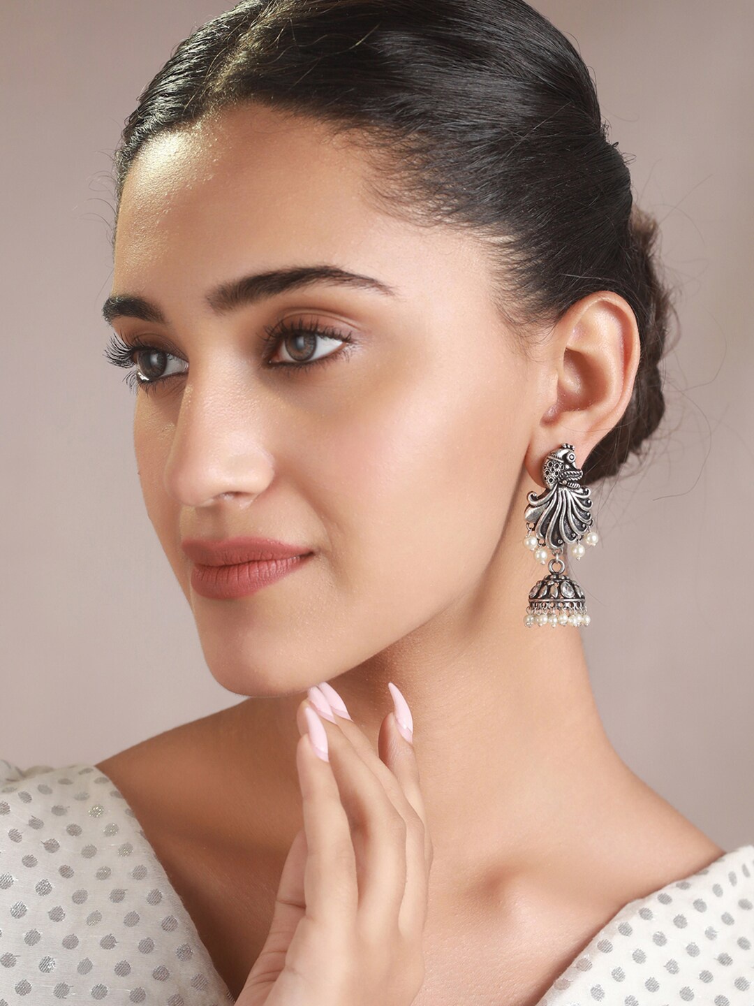

Priyaasi Silver-Plated Dome Shaped Jhumkas Earrings