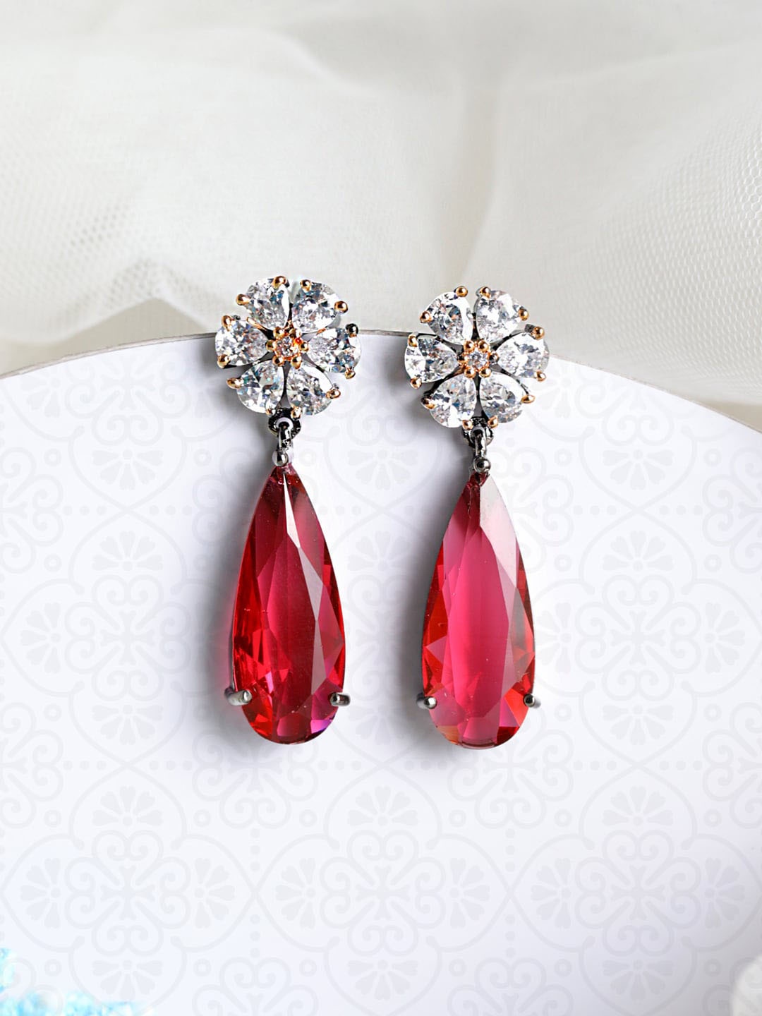 Priyaasi Pink & White Silver-Plated Teardrop Shaped Drop Earrings