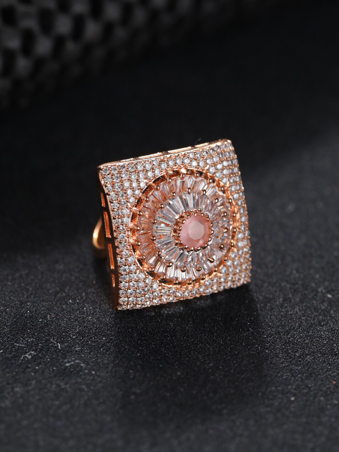 

Priyaasi Rose Gold-Plated Pink AD-Studded Adjustable Finger Ring
