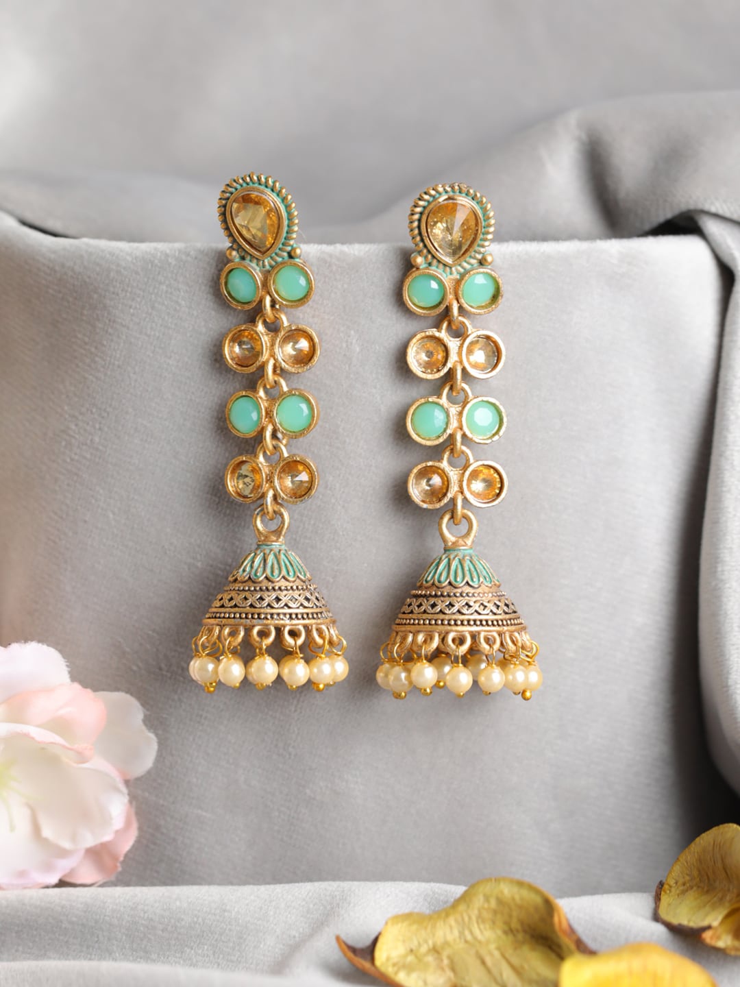 

Priyaasi Green Gold-Plated Dome Shaped Jhumkas Earrings