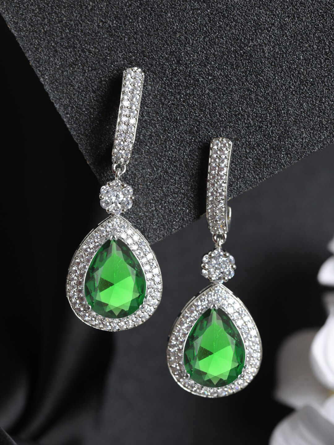 

Priyaasi Silver-Plated & Green American Diamond Drop Earrings