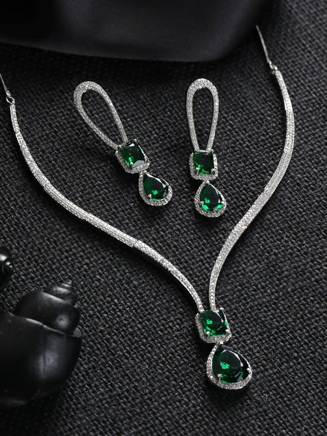 

Priyaasi Silver Toned And Green Silver Plated AD Studded Jewellery Set