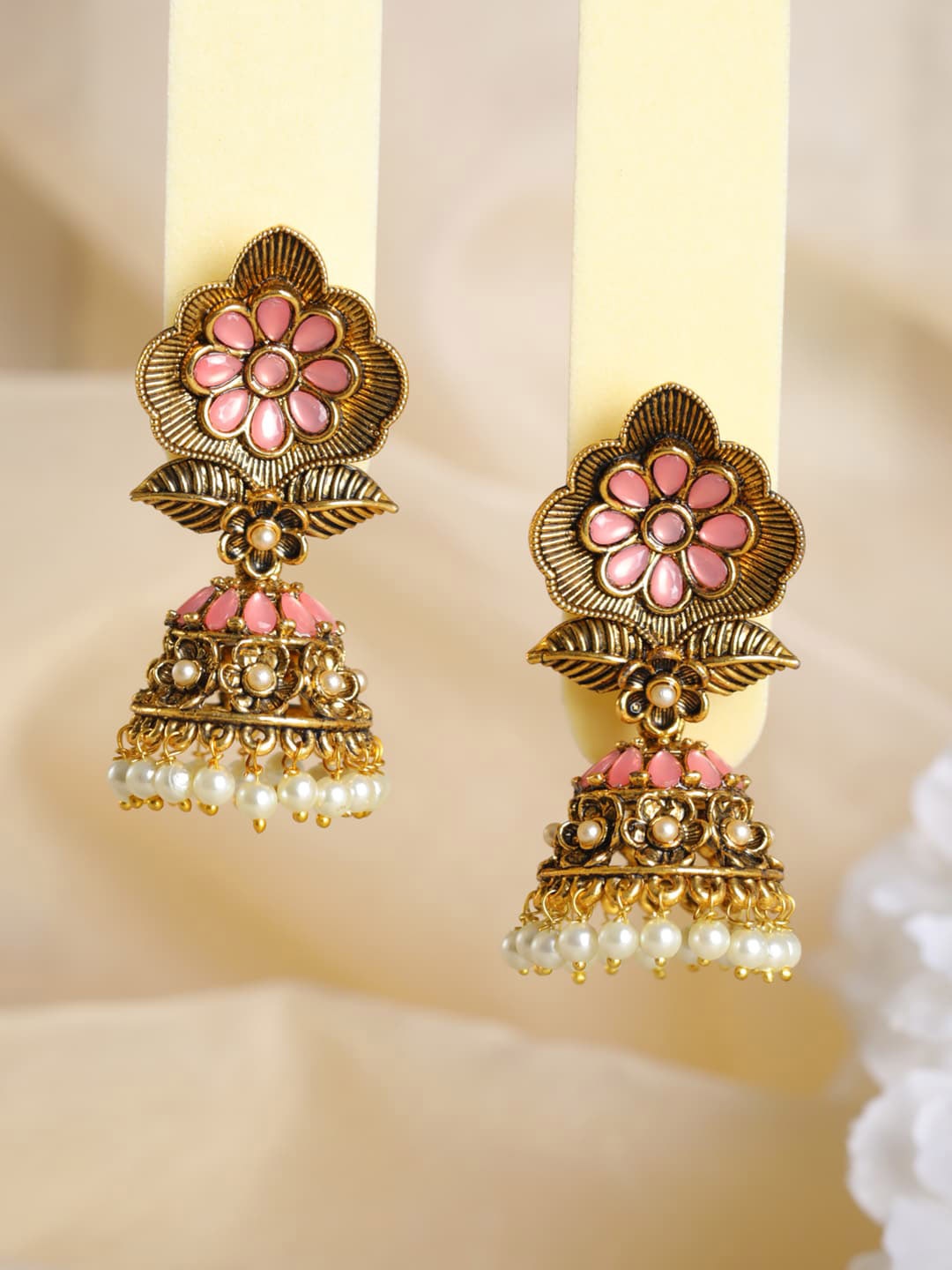 

Priyaasi Pink Gold-Plated Dome Shaped Jhumkas Earrings