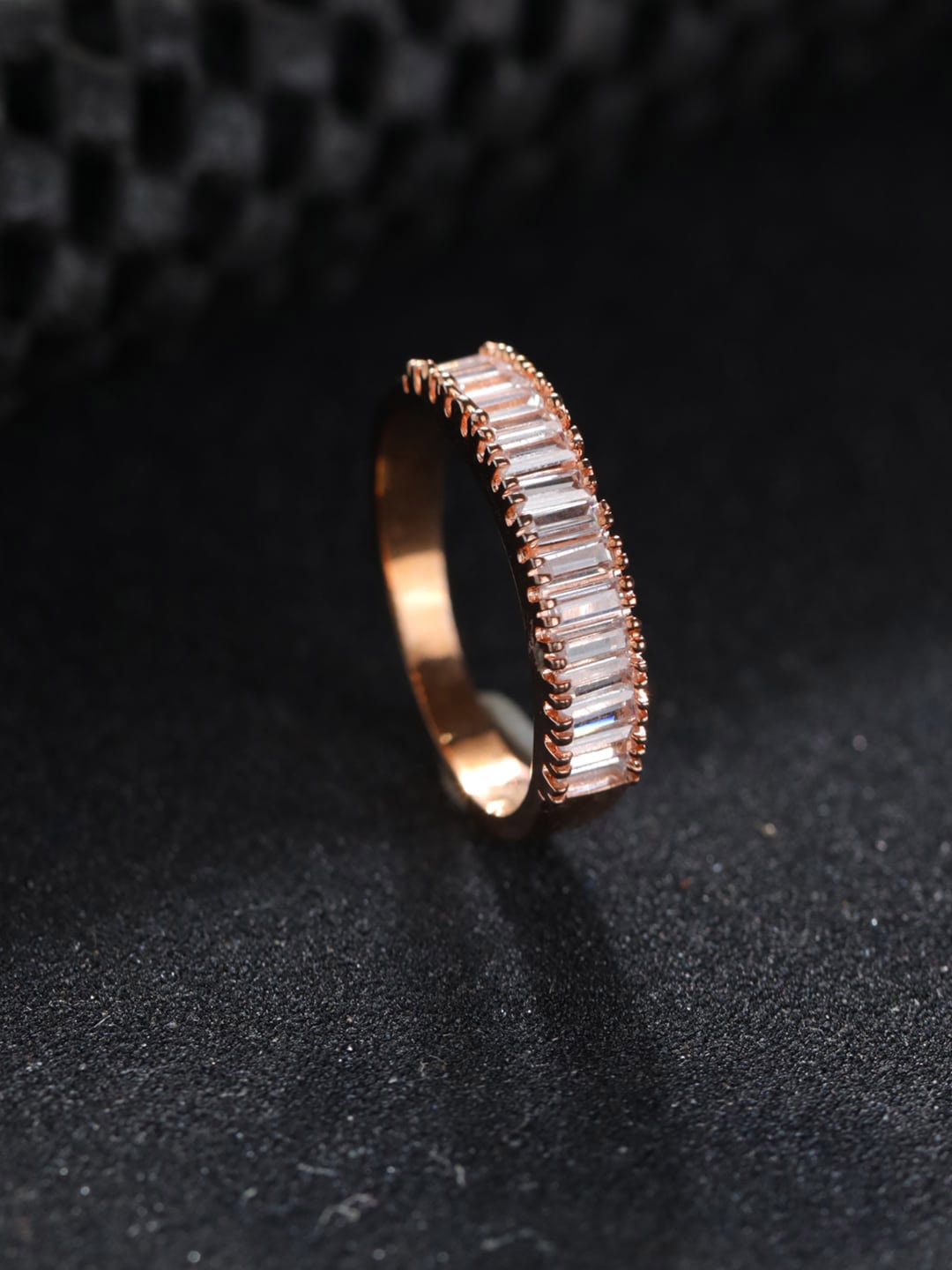 

Priyaasi Rose Gold-Plated AD Stone-Studded Baguette Finger Ring