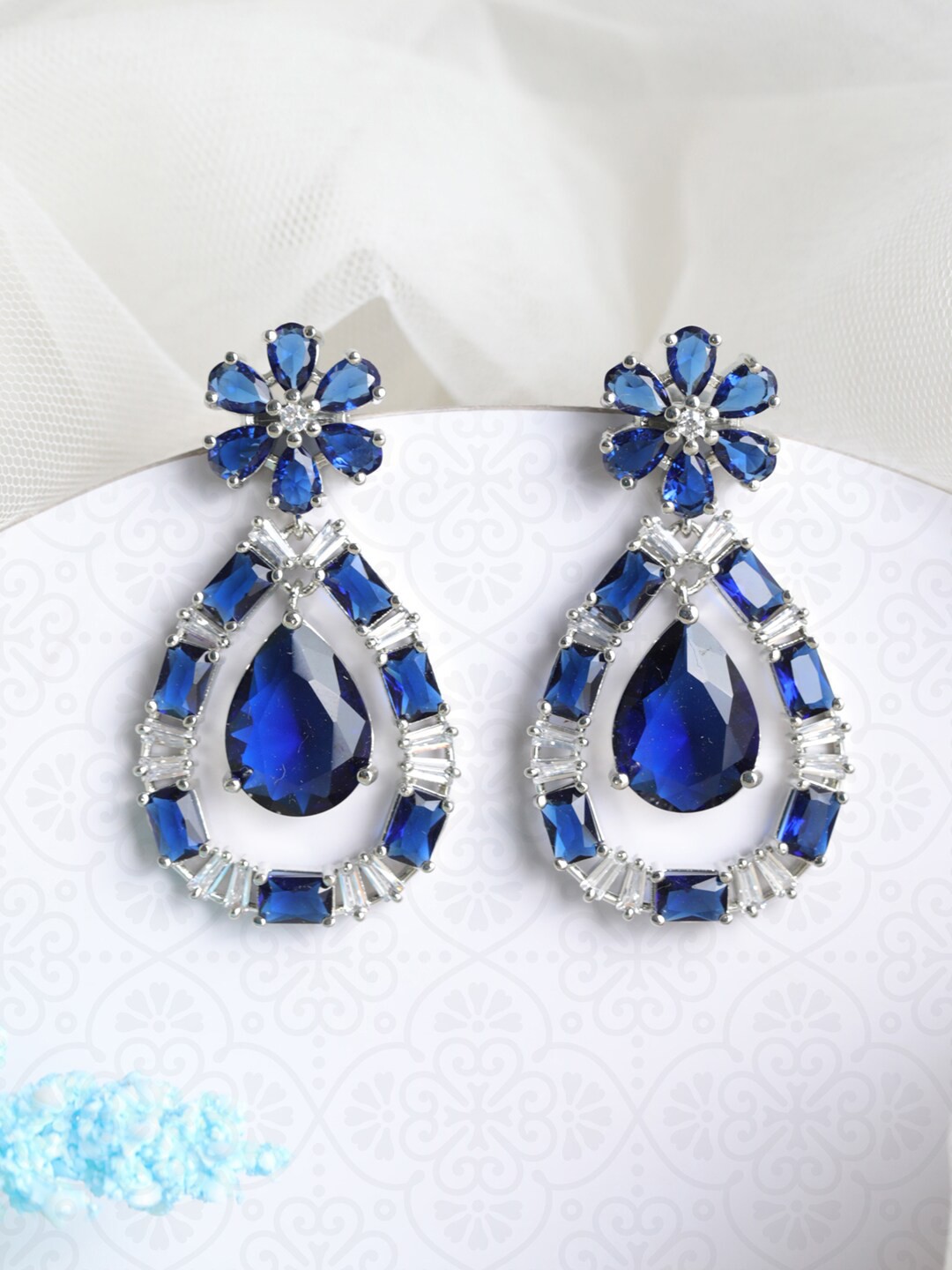 

Priyaasi Blue Silver-Plated Teardrop Shaped Drop Earrings
