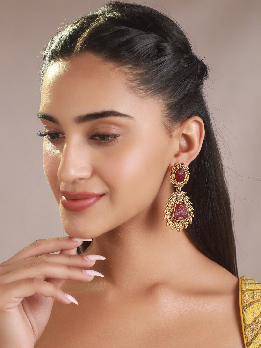 

Priyaasi Red Gold-Plated Geometric Drop Earrings