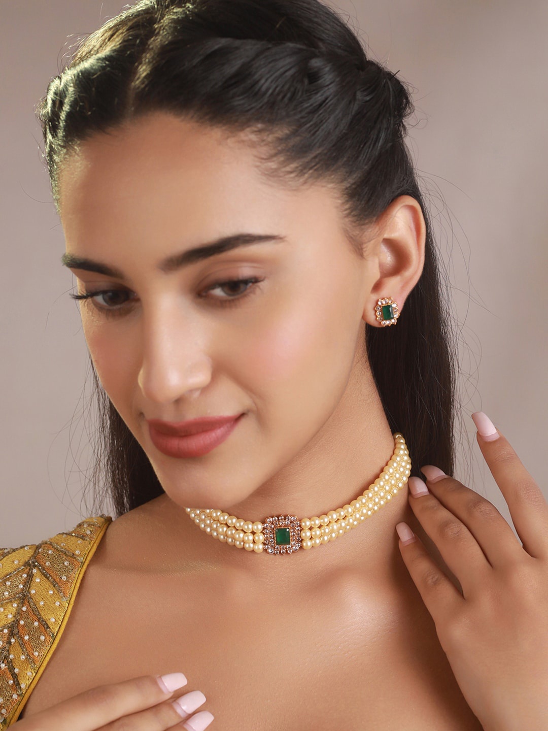

Priyaasi Gold-Toned And Green Gold-Plated Multi Layer Pearl Choker Jewellery Set
