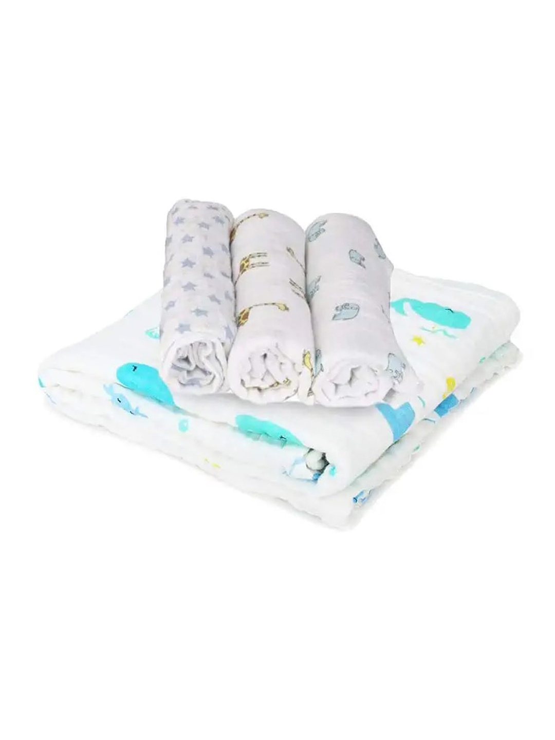 

Moms Home Kids Set Of 4 Organic Cotton Baby Gift Pack - P3 Muslin 1 Organic Cotton Blanket, Multi