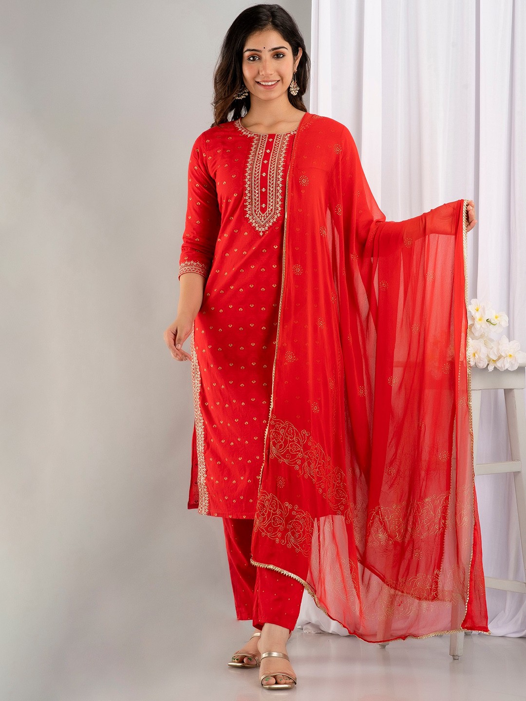 

Kesarya Women Ethnic Motifs Embroidered Pure Cotton Kurta with Trousers & With Dupatta, Red