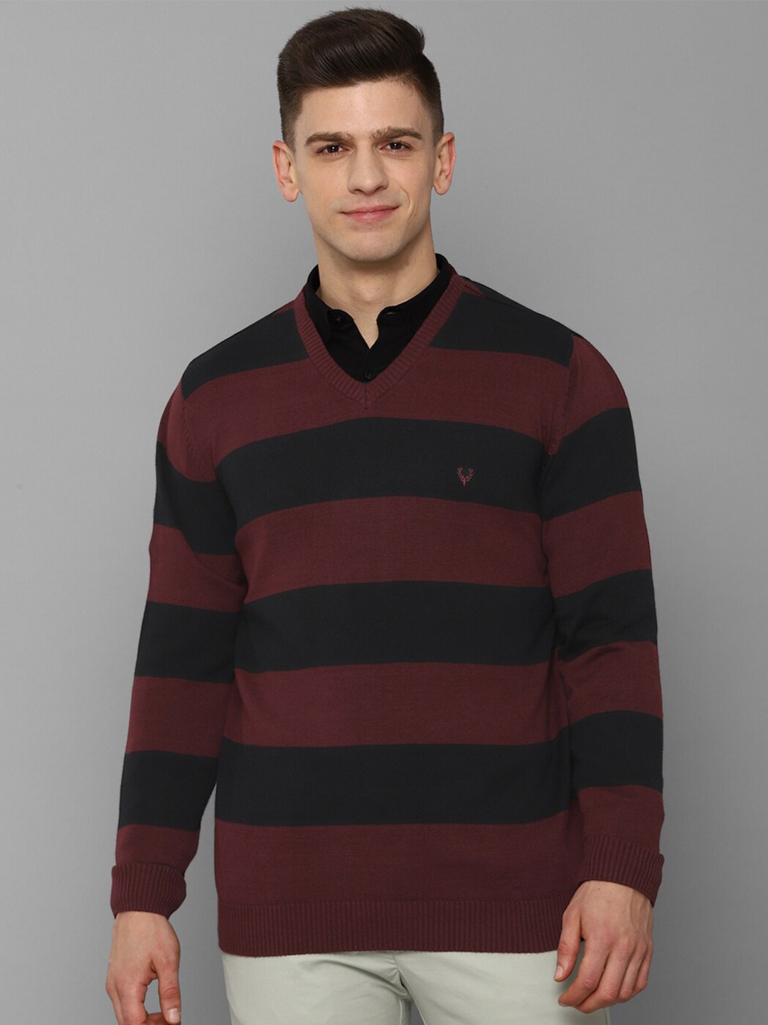 

Allen Solly Men Maroon & Black Striped Pure Cotton Pullover