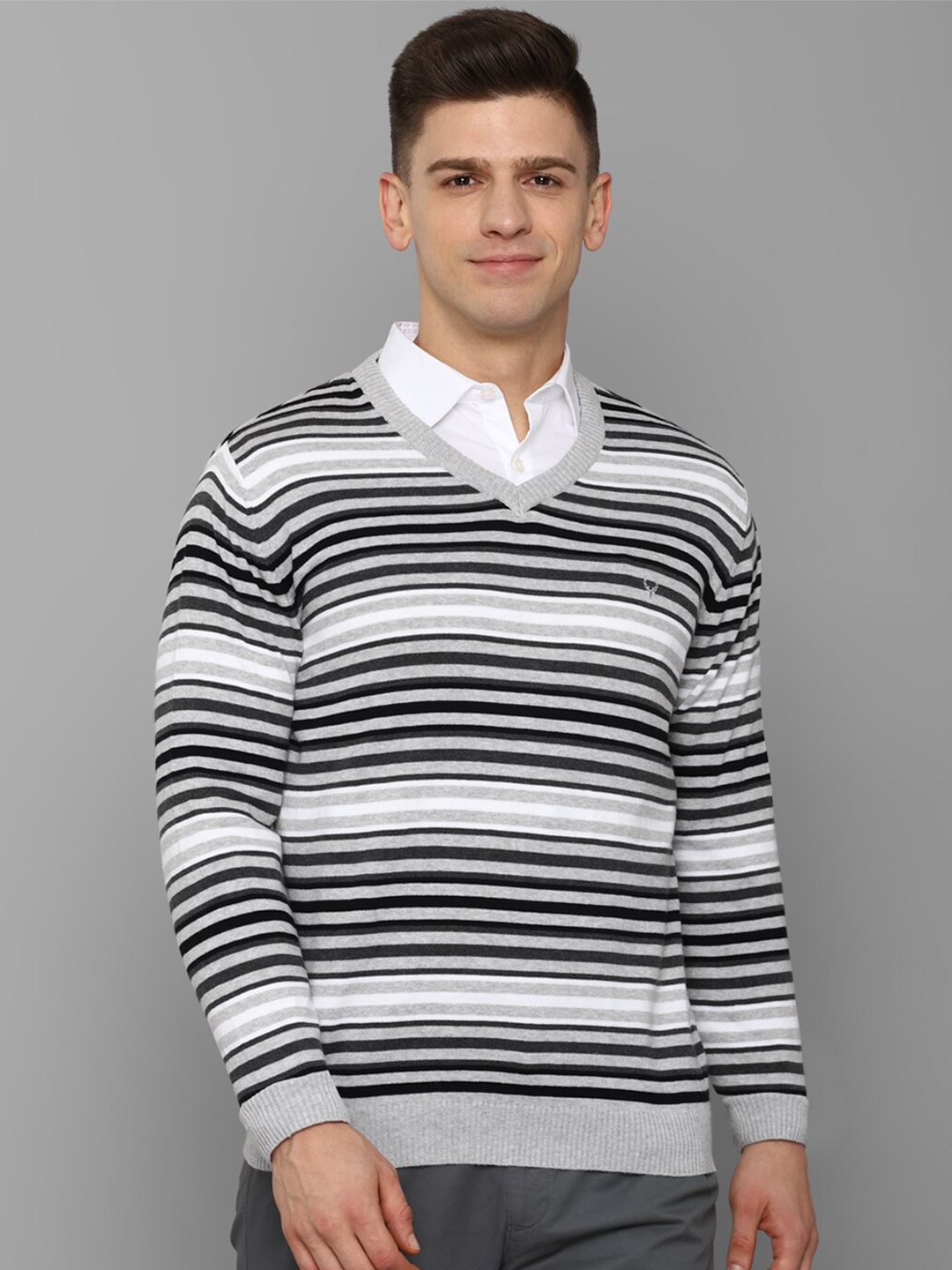 

Allen Solly Men White & Grey Striped Pure Cotton Pullover