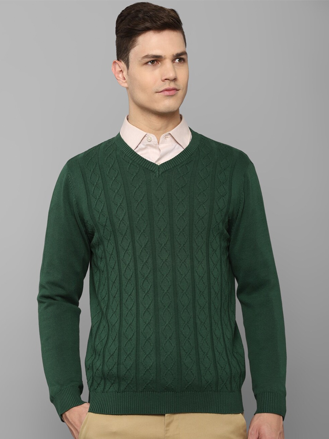 

Allen Solly Men Green Cable Knit Pure Cotton Pullover