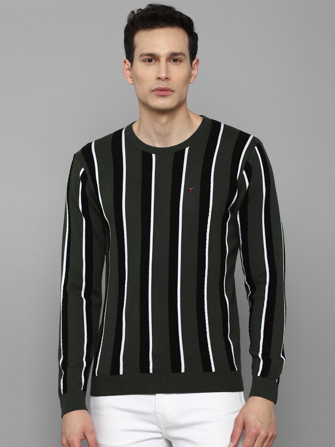 

Louis Philippe Sport Men Green & White Striped Pure Cotton Pullover