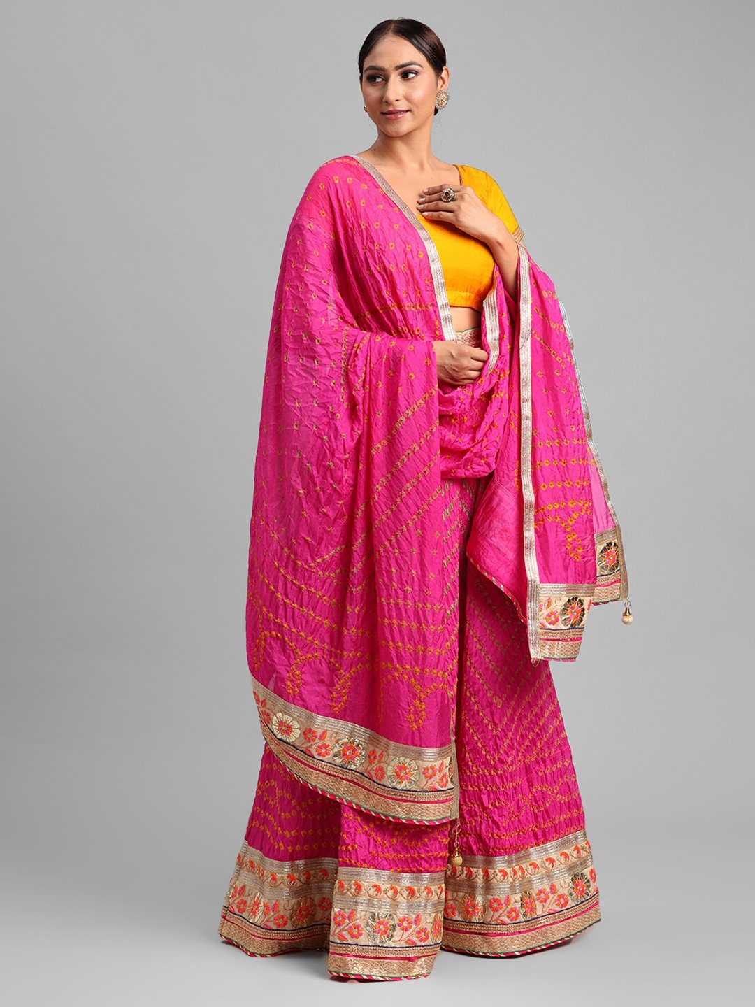 

Kastiel Pink & Gold-Toned Embellished Semi-Stitched Lehenga & Unstitched Blouse With Dupatta