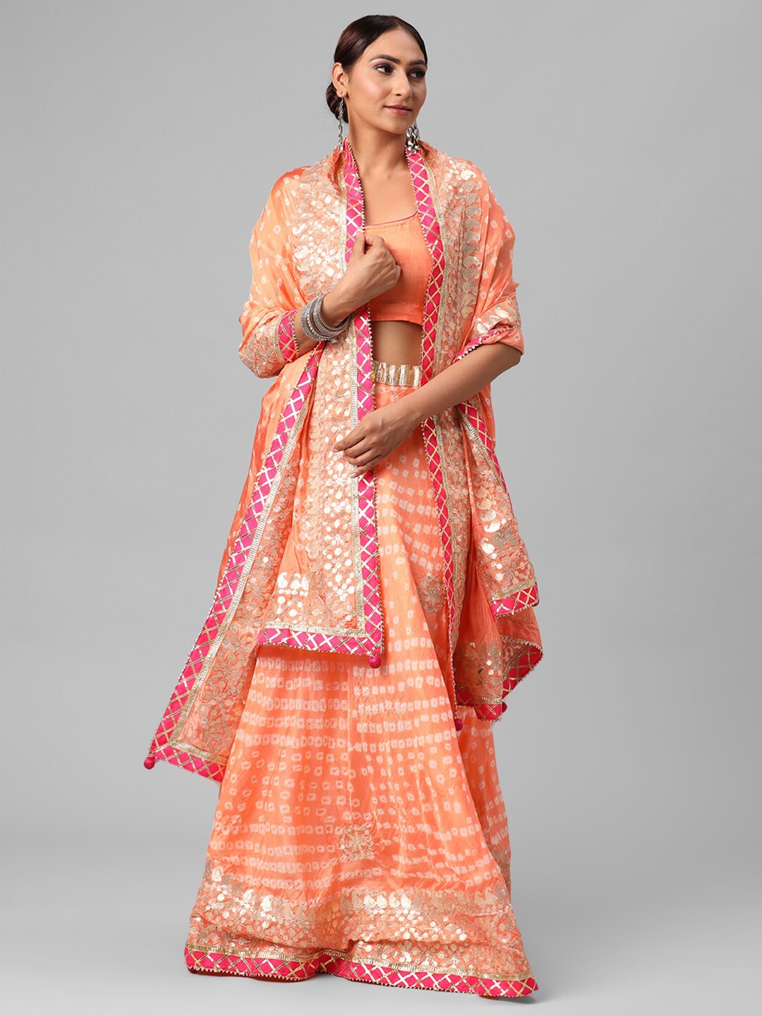 

Kastiel Peach-Coloured & White Embellished Semi-Stitched Lehenga & Unstitched Blouse With Dupatta