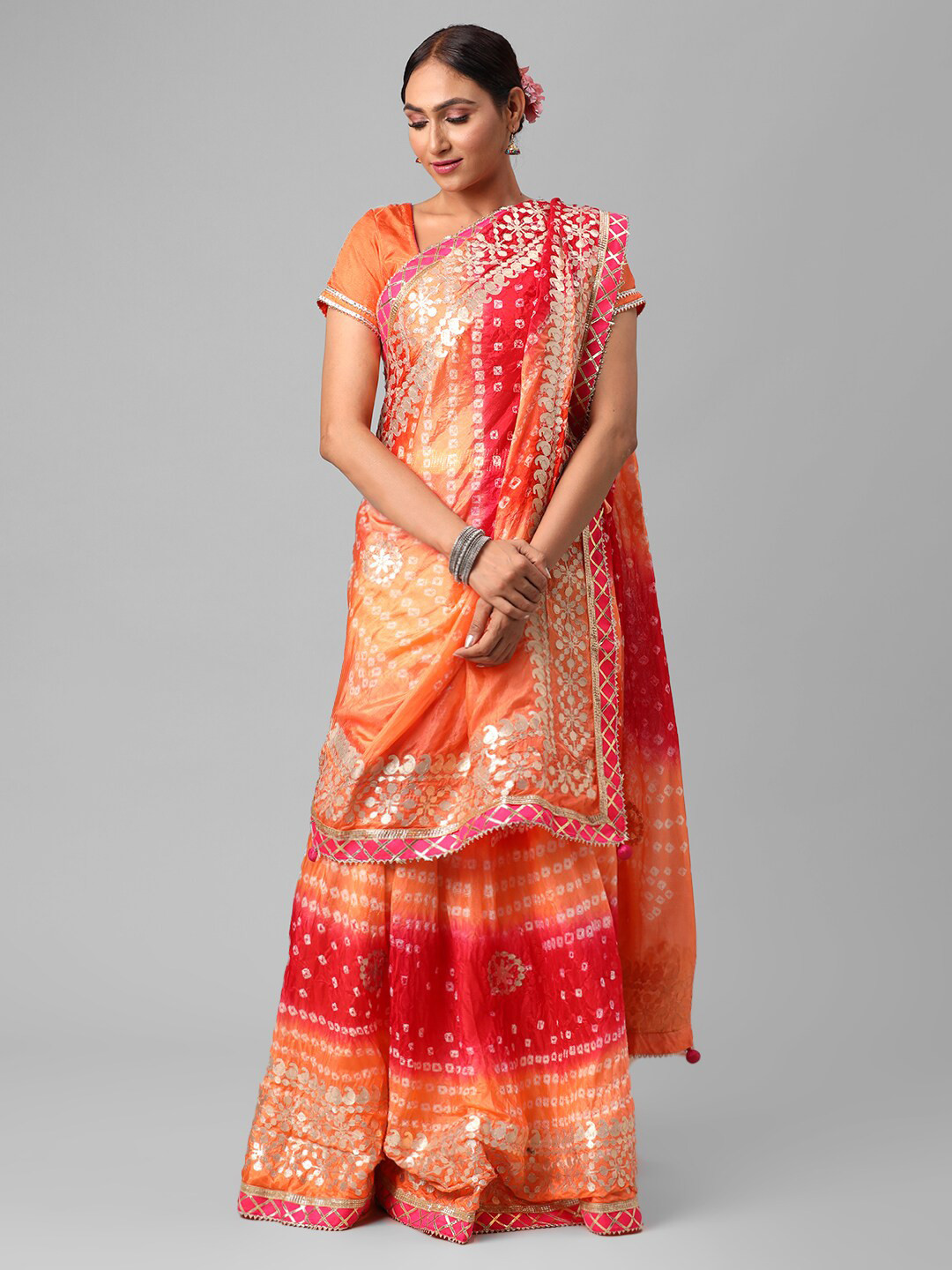 

Kastiel Orange & Red Embellished Semi-Stitched Lehenga & Unstitched Blouse With Dupatta