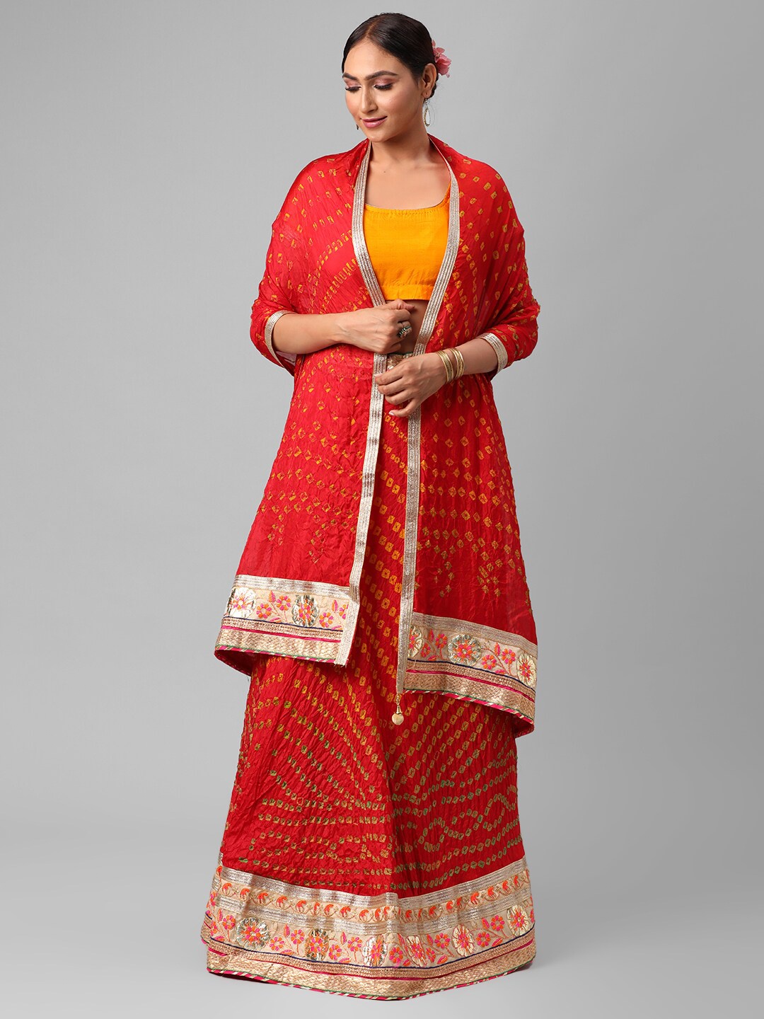 

Kastiel Red & Orange Embellished Semi-Stitched Lehenga & Unstitched Blouse With Dupatta