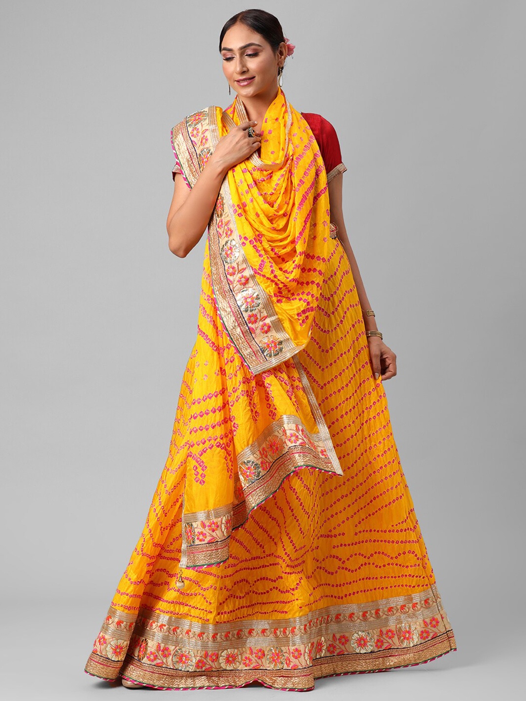 

Kastiel Gold-Toned & Red Embellished Semi-Stitched Lehenga & Unstitched Blouse With Dupatta