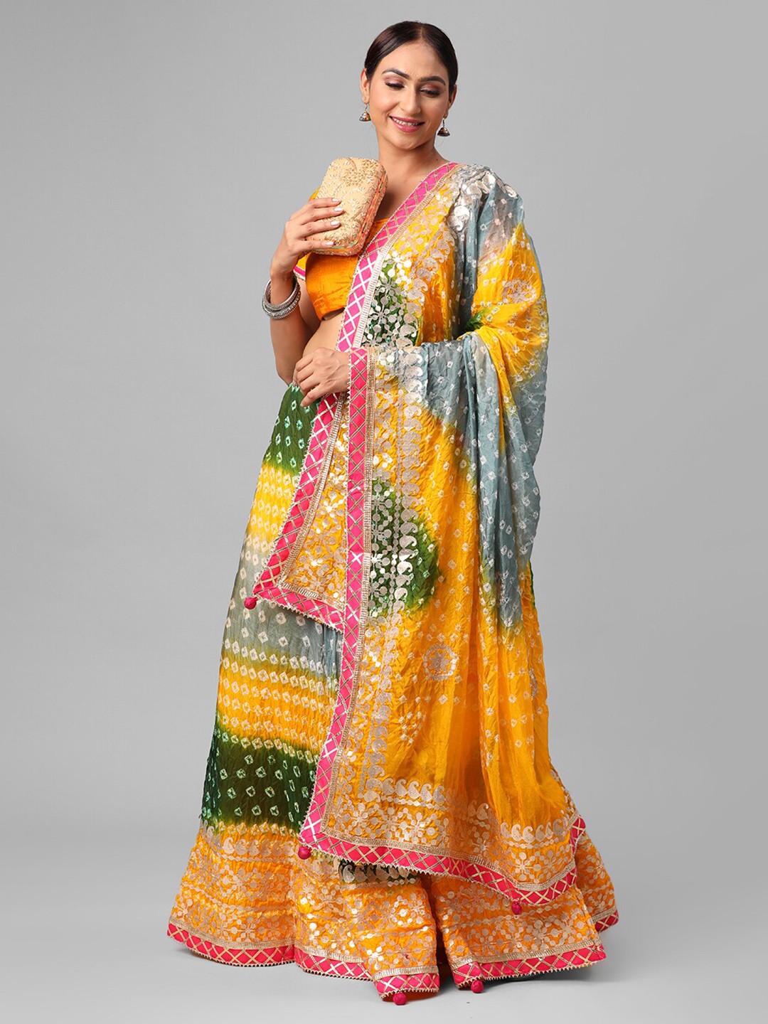 

Kastiel Yellow & Green Embellished Semi-Stitched Lehenga & Unstitched Blouse With Dupatta