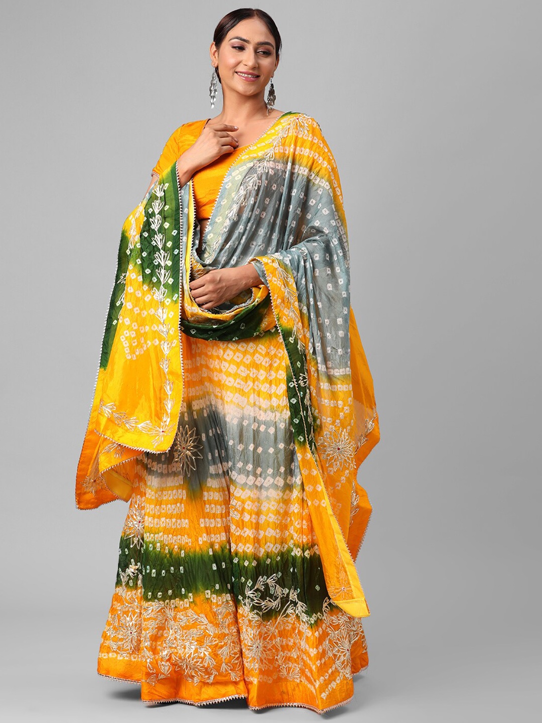 

Kastiel Green & Orange Embellished Semi-Stitched Lehenga & Unstitched Blouse With Dupatta