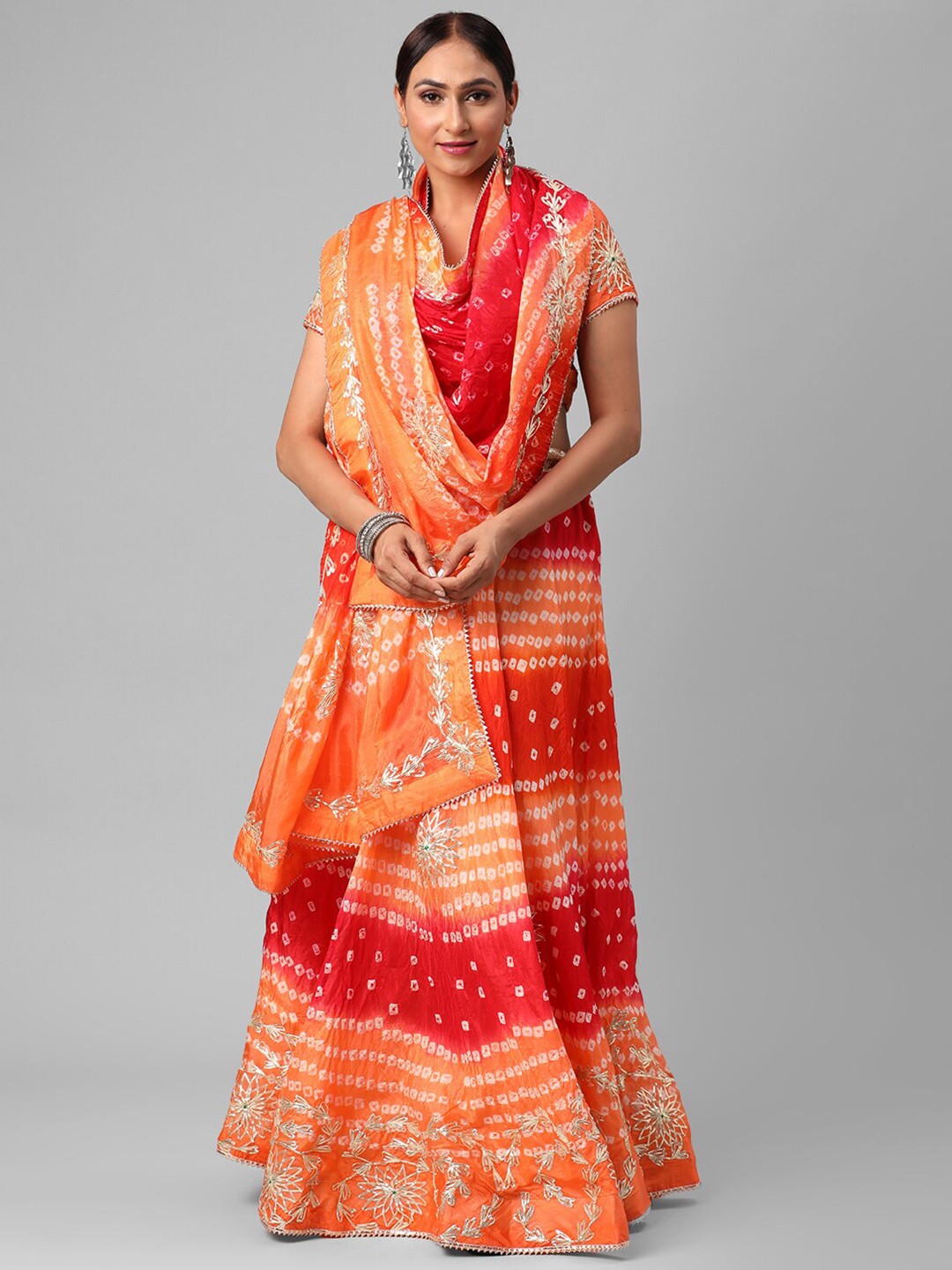 

Kastiel Red & Orange Embellished Semi-Stitched Lehenga & Unstitched Blouse With Dupatta