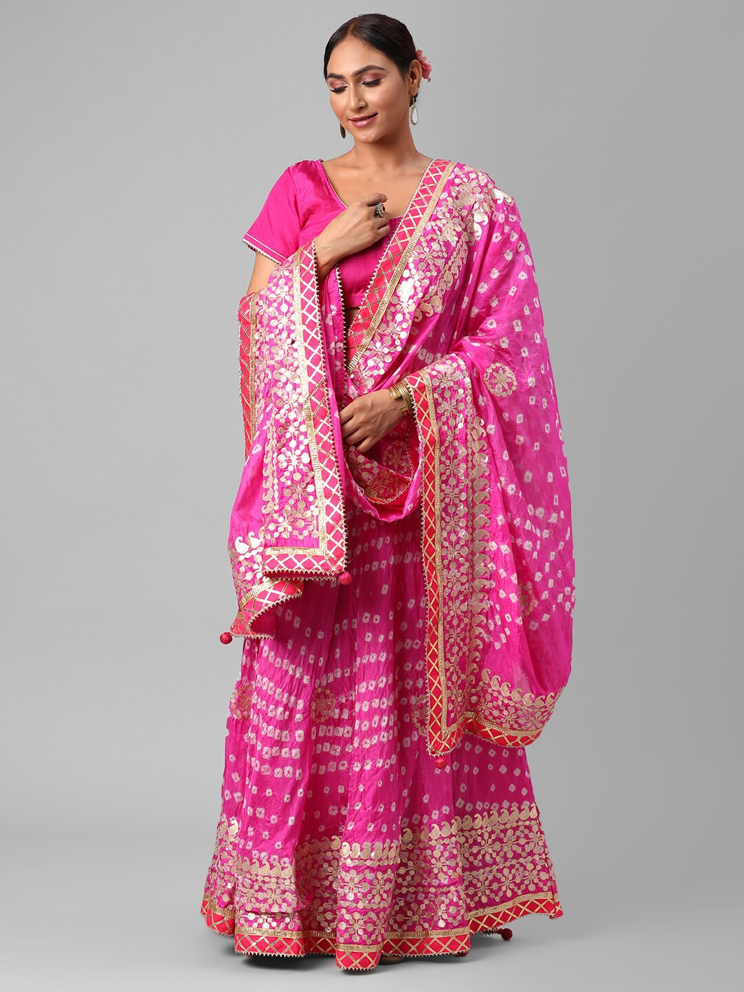 

Kastiel Pink & Off White Embellished Semi-Stitched Lehenga & Unstitched Blouse With Dupatta