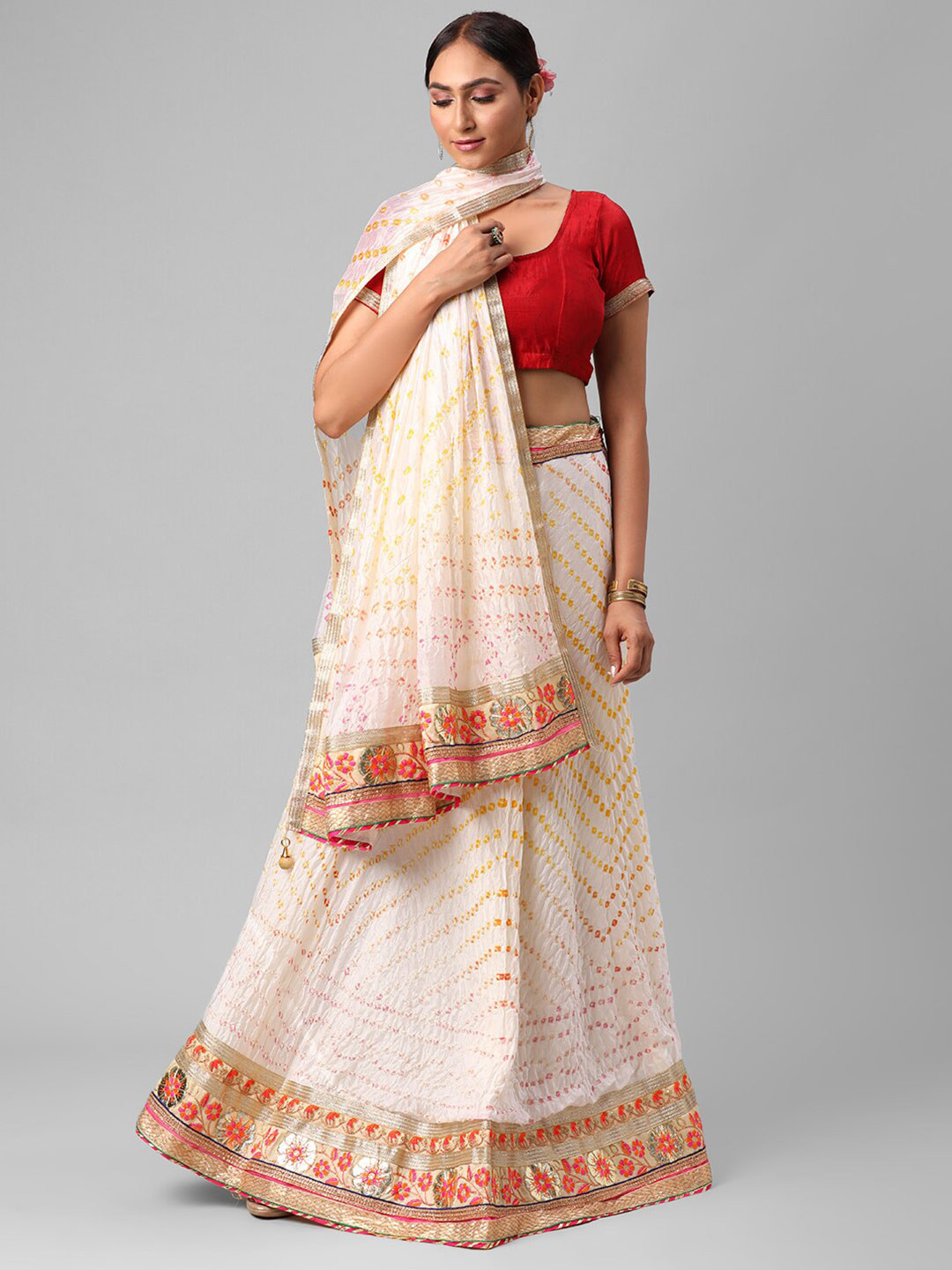 

Kastiel White & Yellow Embellished Semi-Stitched Lehenga & Unstitched Blouse With Dupatta