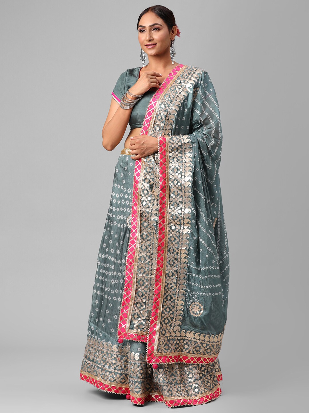 

Kastiel Grey & White Embellished Semi-Stitched Lehenga & Unstitched Blouse With Dupatta