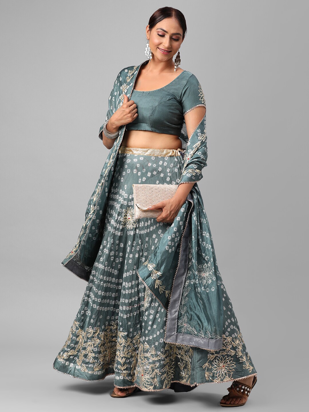 

Kastiel Grey & Off White Embellished Semi-Stitched Lehenga & Unstitched Blouse With Dupatta