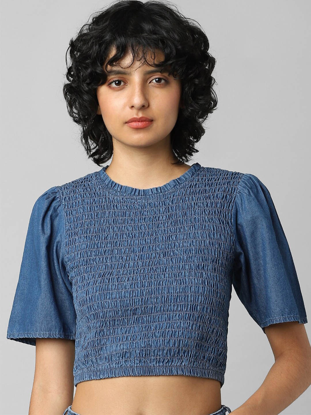 

ONLY Women Blue Denim Smocking Round Neck Crop Top