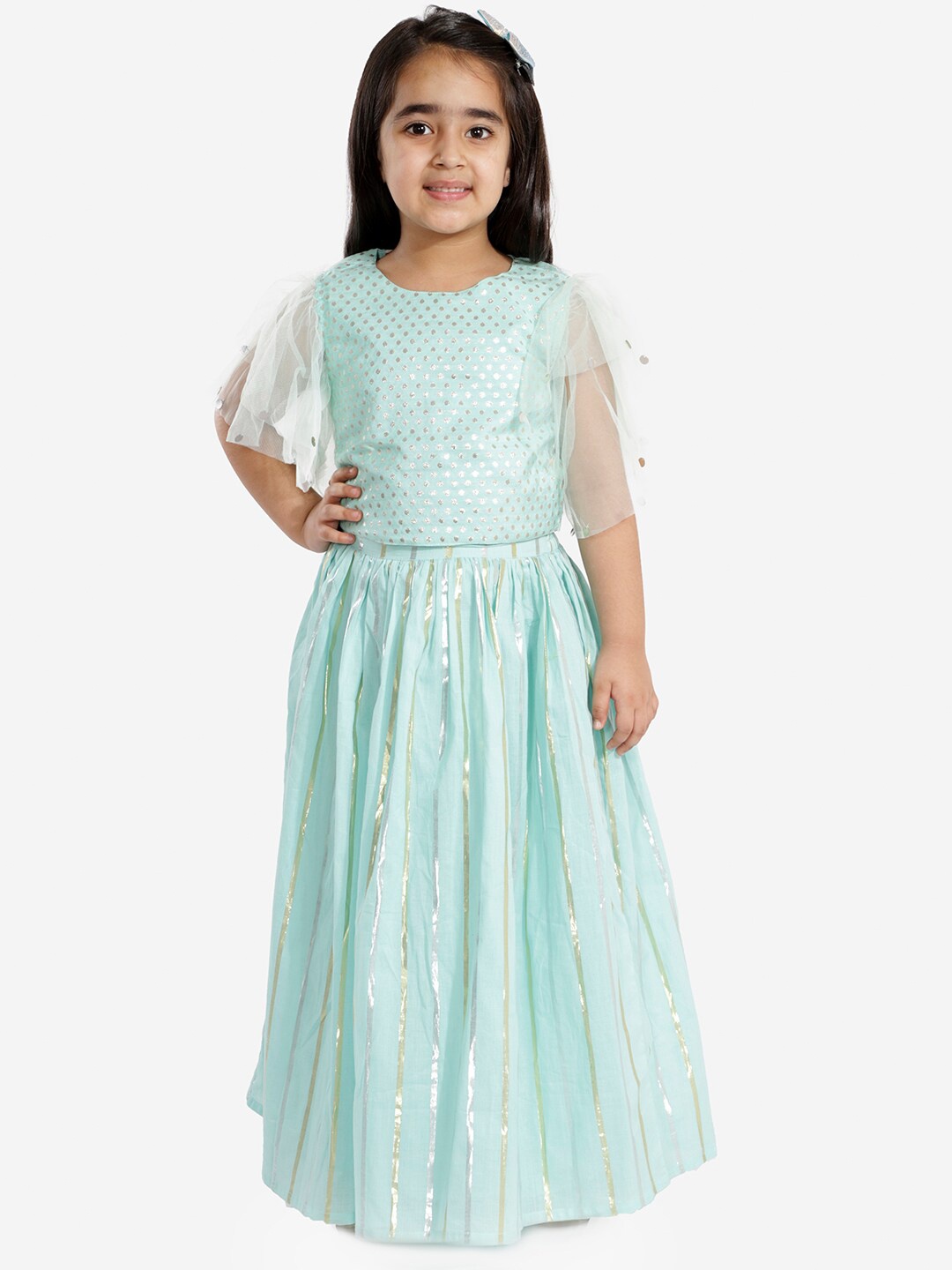 

LIL DRAMA Girls Blue & Silver-Toned Embellished Ready to Wear Lehenga & Choli