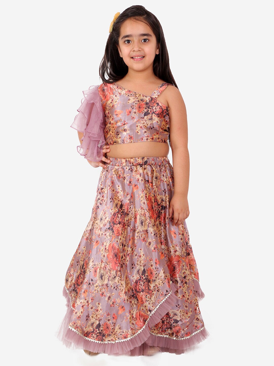 

LIL DRAMA Girls Peach-Coloured & Pink Printed Ready to Wear Lehenga & Choli