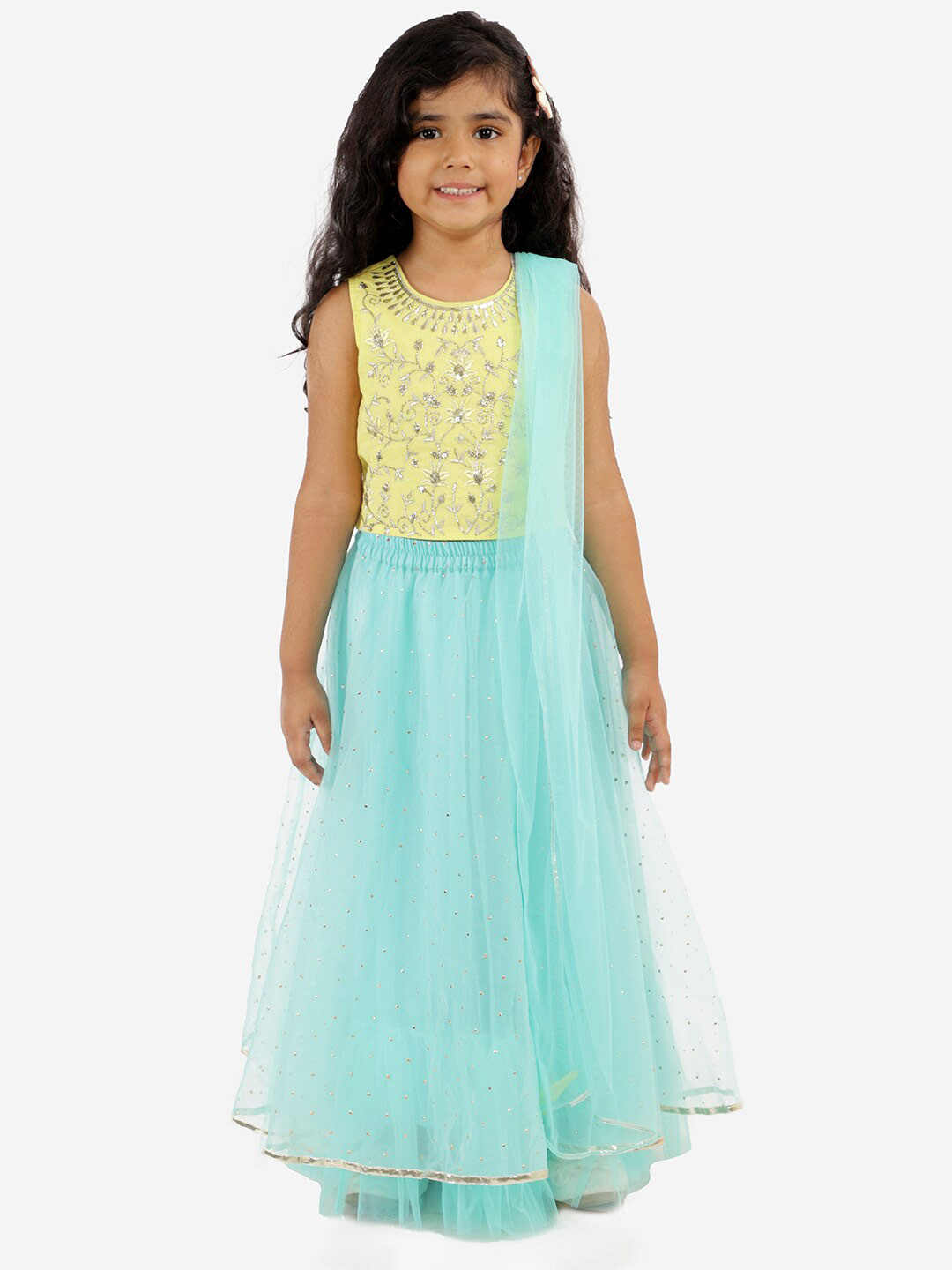 

LIL DRAMA Girls Blue & Yellow Embroidered Mukaish Ready to Wear Lehenga &