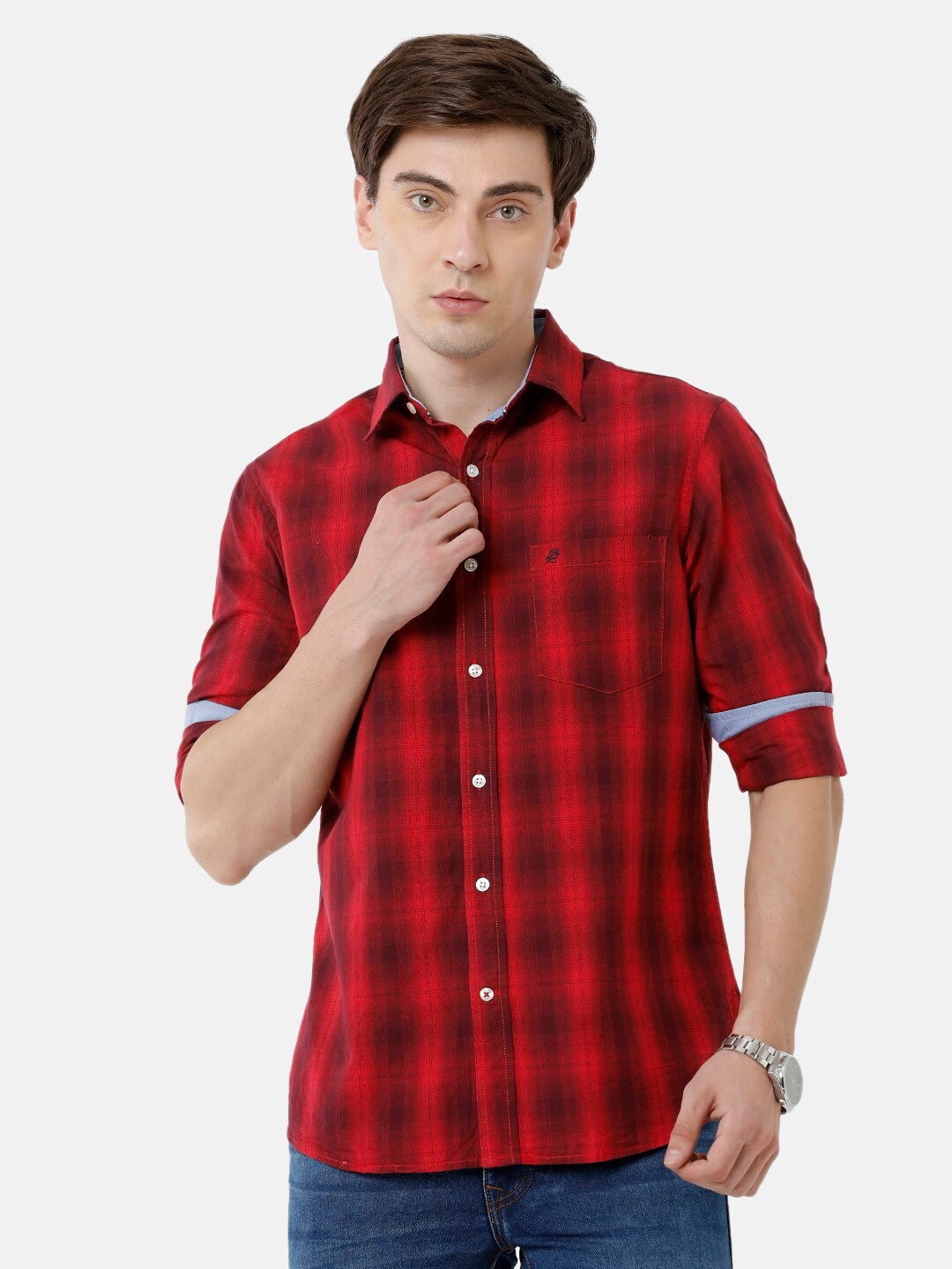 

Double Two Men Red Slim Fit Tartan Checks Casual Shirt