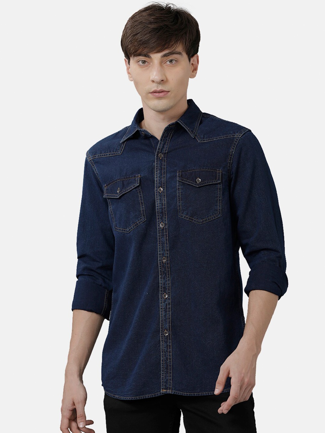 

Double Two Men Navy Blue Slim Fit Denim Casual Shirt