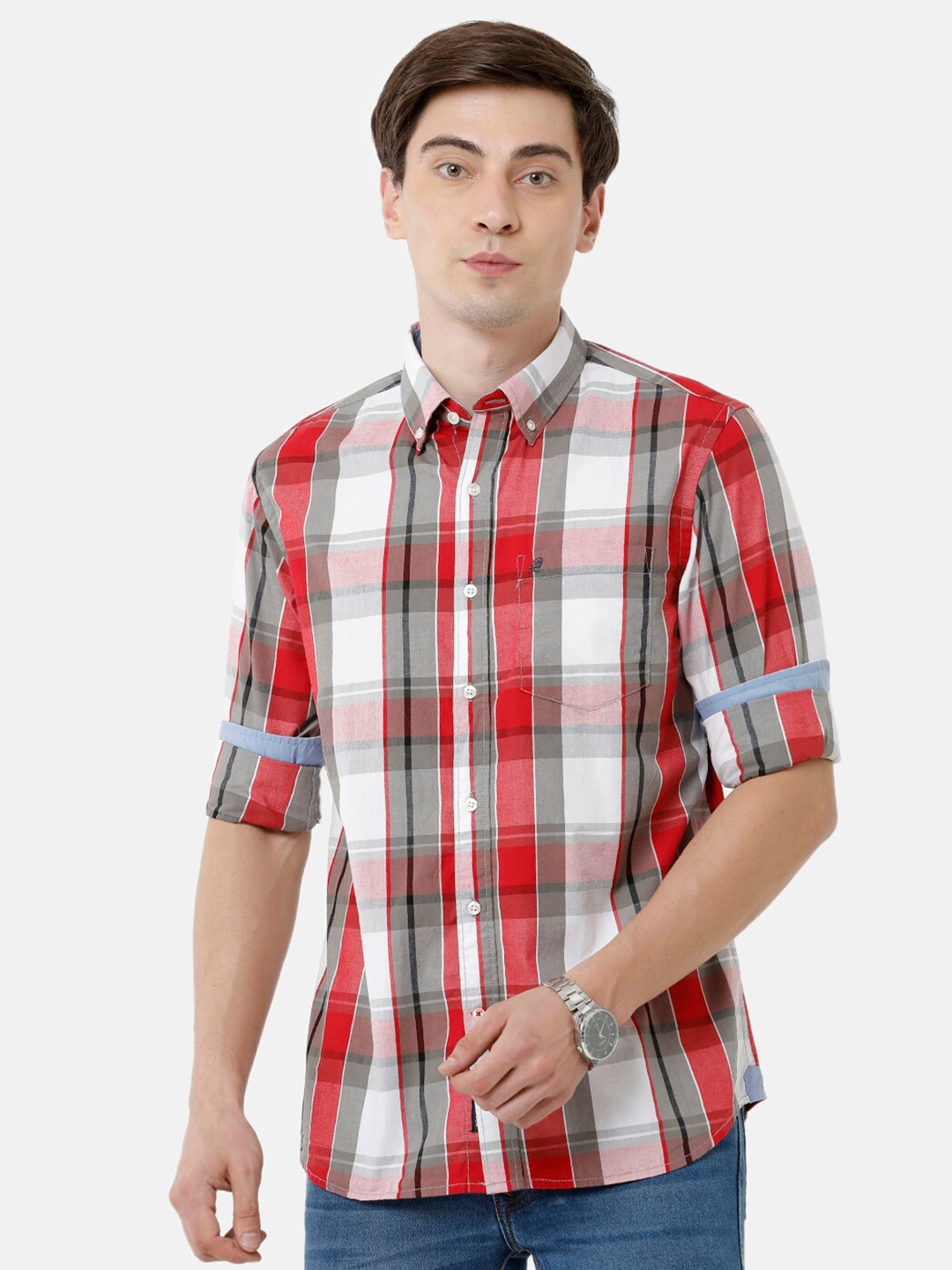 

Double Two Men Grey & Red Slim Fit Tartan Checks Casual Shirt