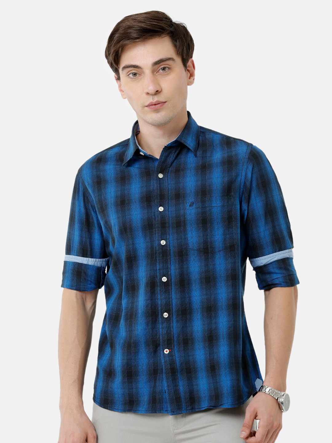 

Double Two Men Blue Slim Fit Checked Casual Shirt