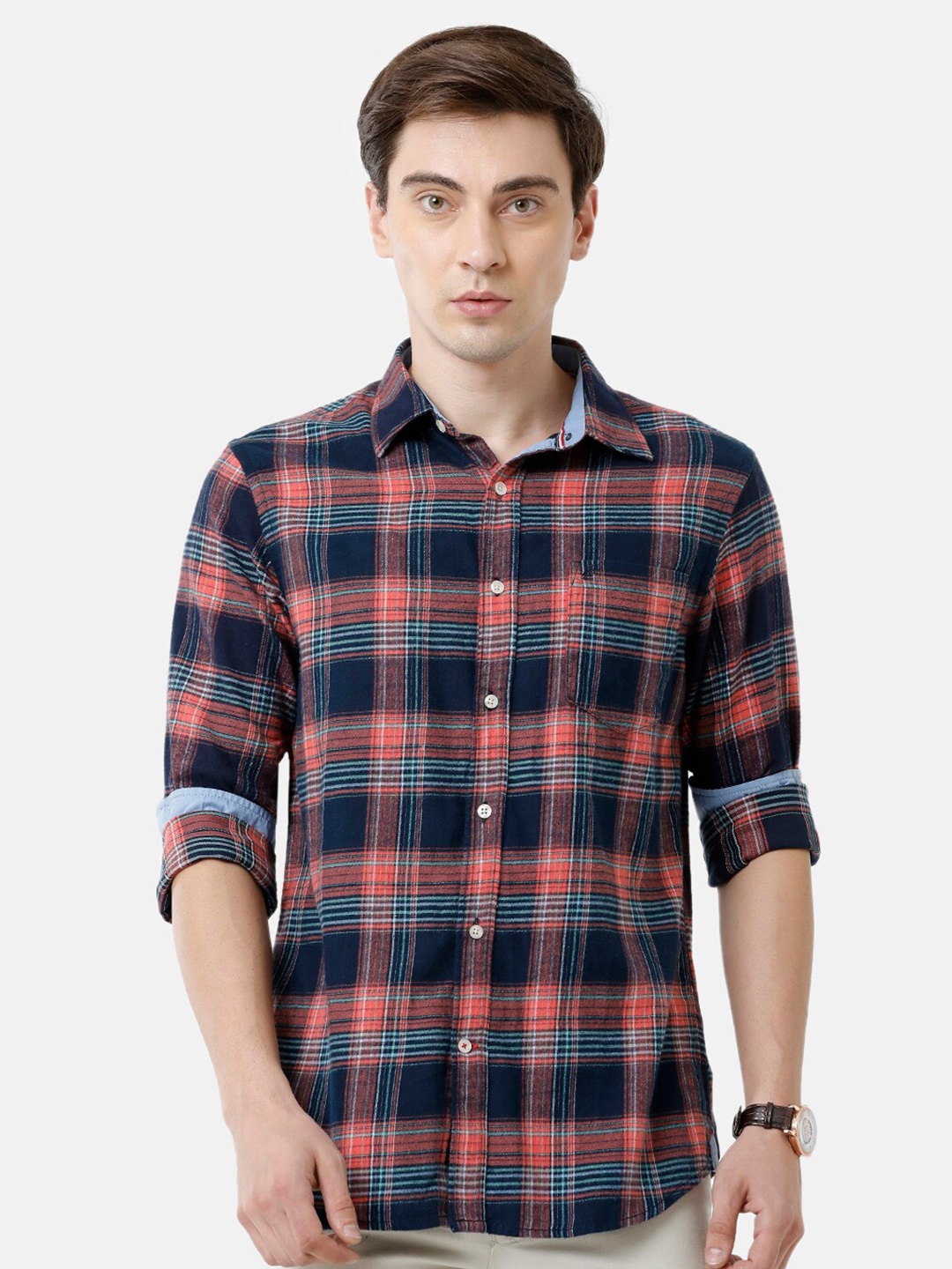 

Double Two Men Blue Slim Fit Tartan Checked Casual Shirt