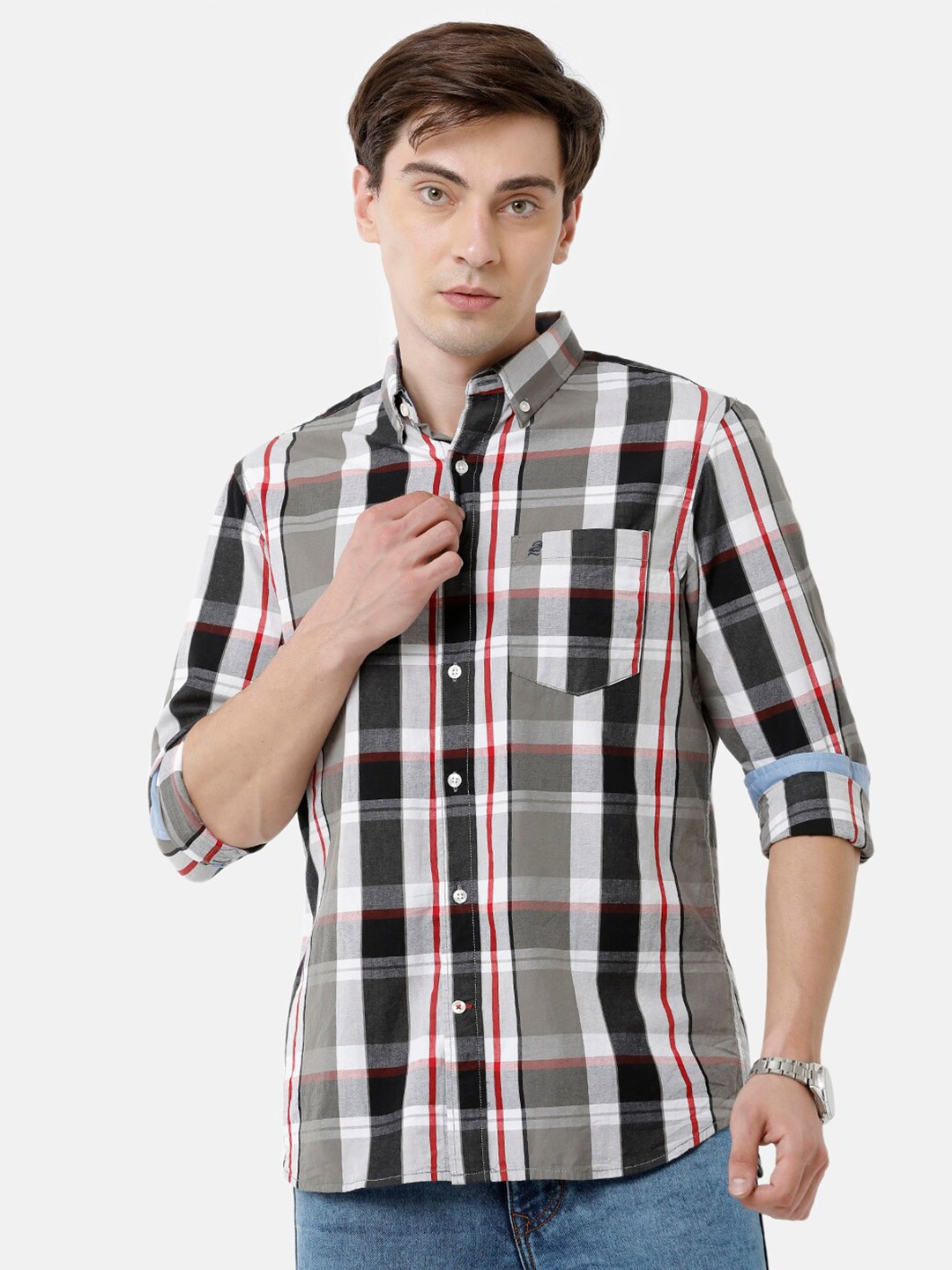 

Double Two Men Black Slim Fit Tartan Checks Casual Shirt