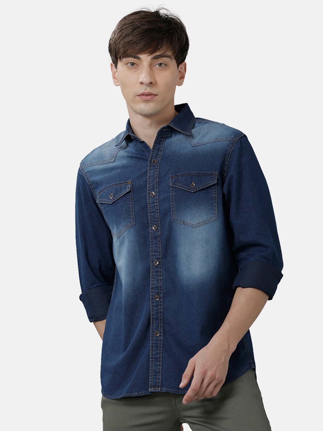 

Double Two Men Blue Slim Fit Faded Casual Shirt