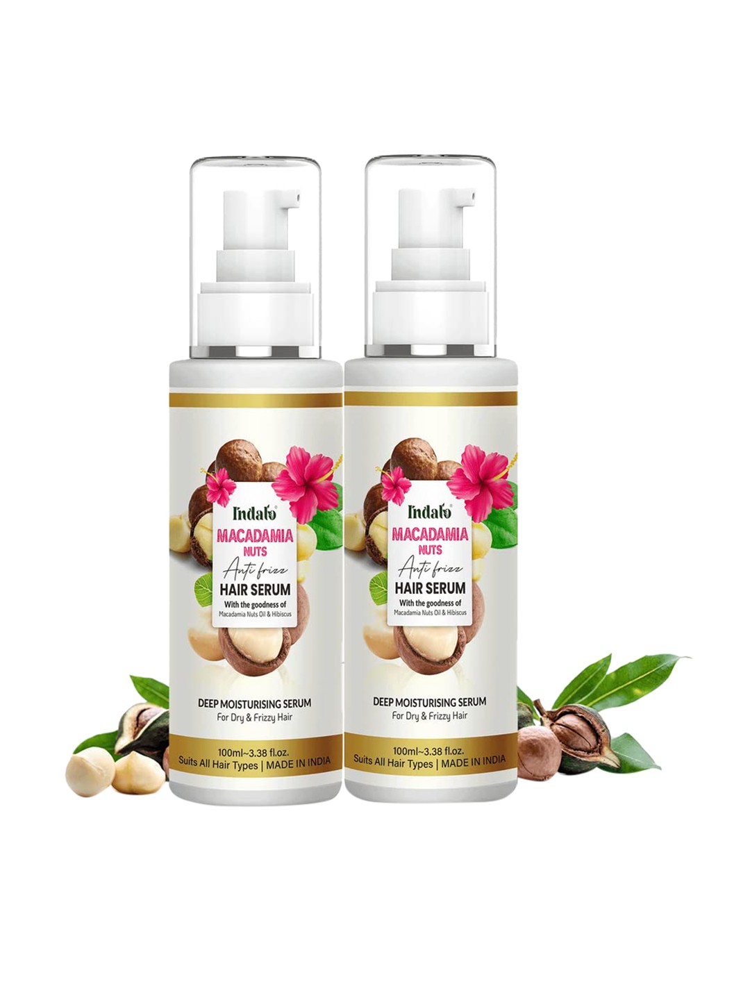 

INDALO Pack Of 2 Macadamia Nuts Oil & Hibiscus Anti-Frizz Hair Serum - 200 ml, Transparent